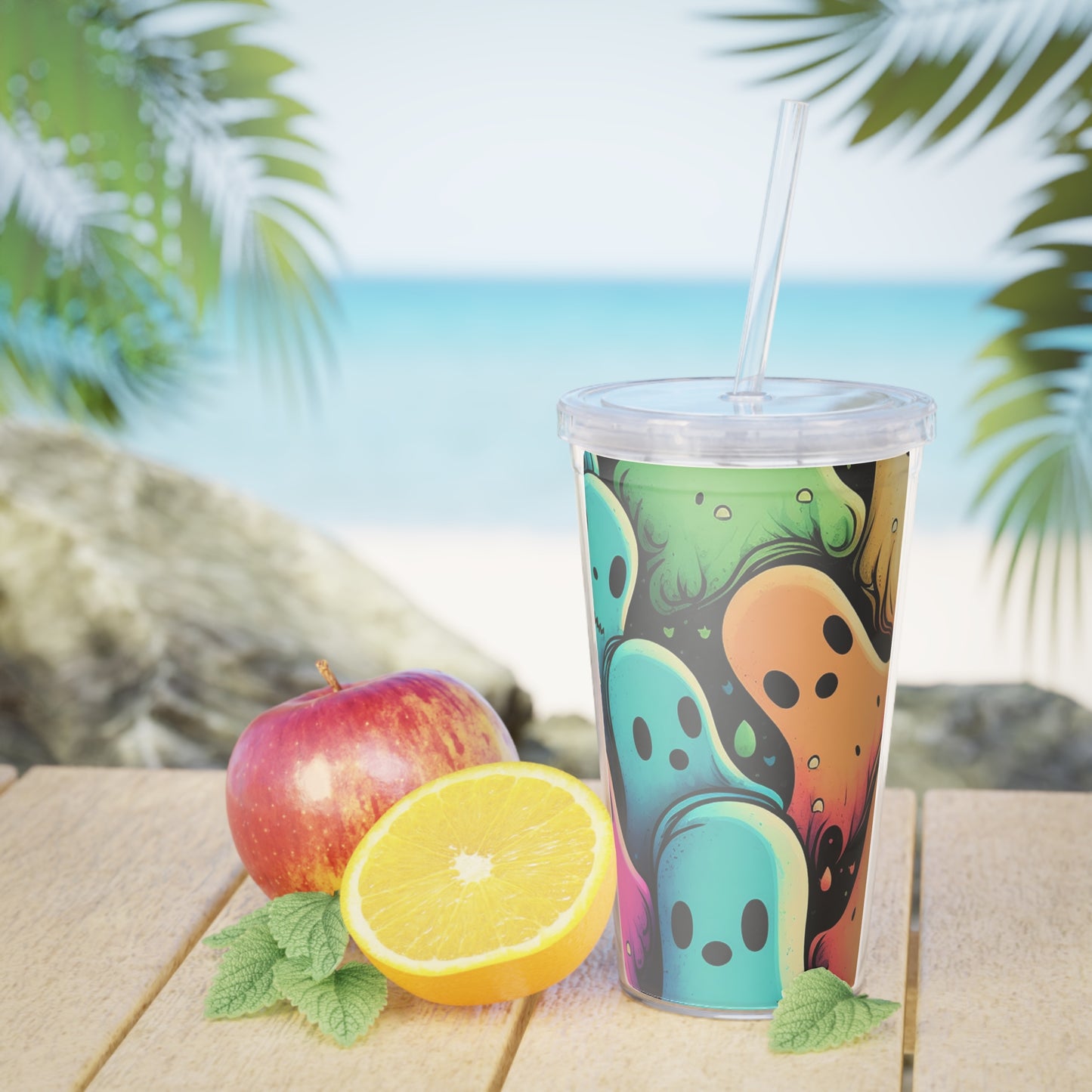 Ghost Crew Plastic Tumbler with Straw — Colorful Cute Ghosts Travel Cup
