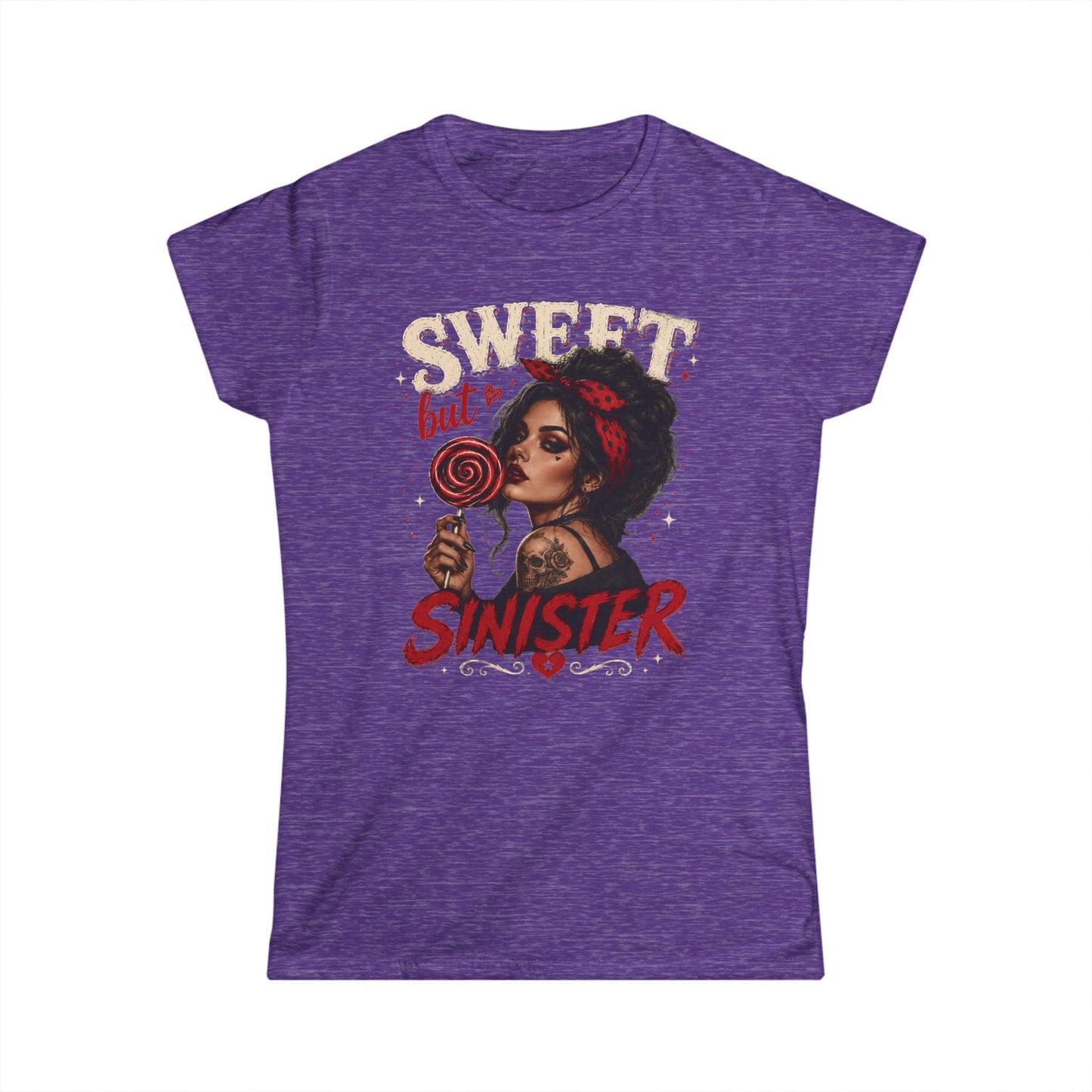 Sweet but Sinister Tee — Women's Graphic T-Shirt (Retro Pin-Up Girl with Lollipop)