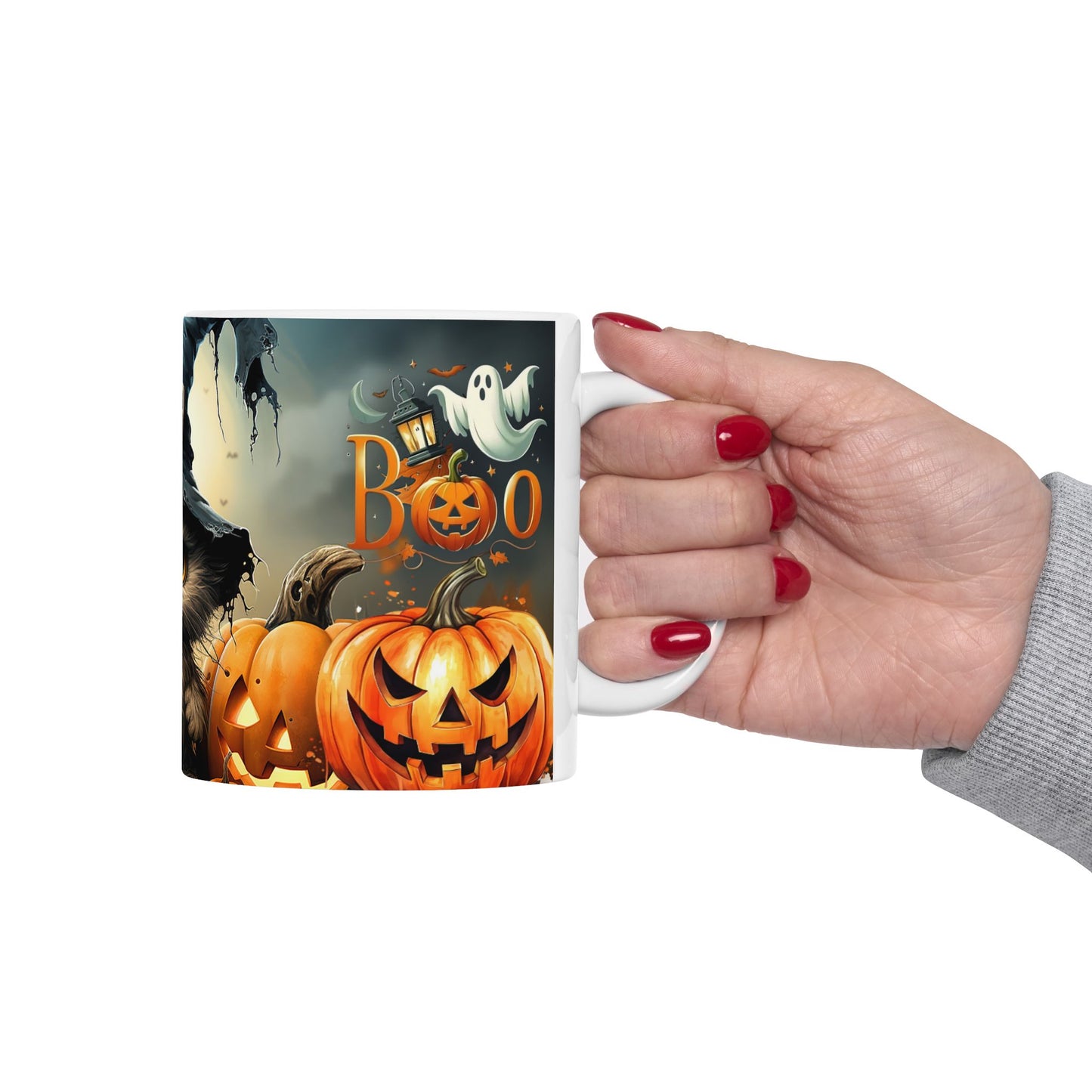 Halloween Cat Ceramic Mug — Witch Hat Kitty with Pumpkins (11oz/15oz)