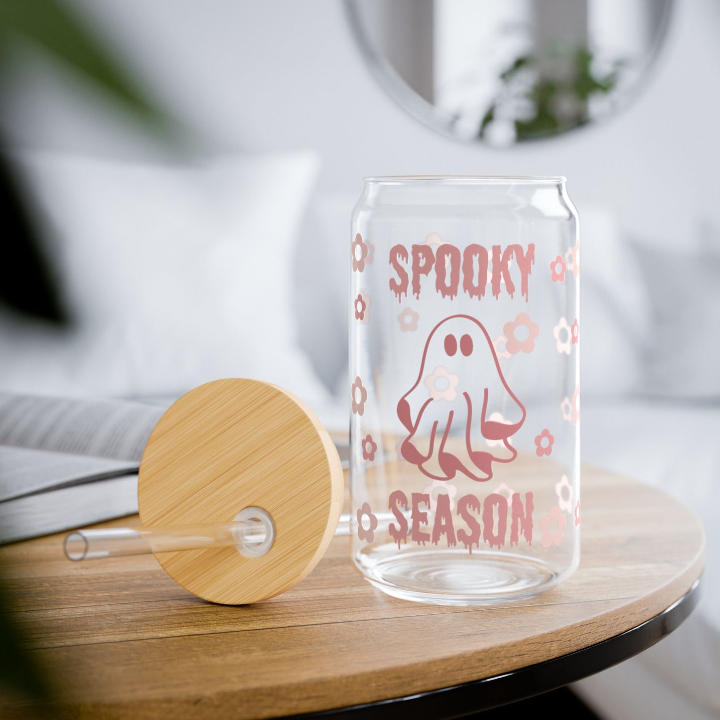 Sipper Glass - "Spooky Season" Pink Ghost Floral Tumbler, 16oz