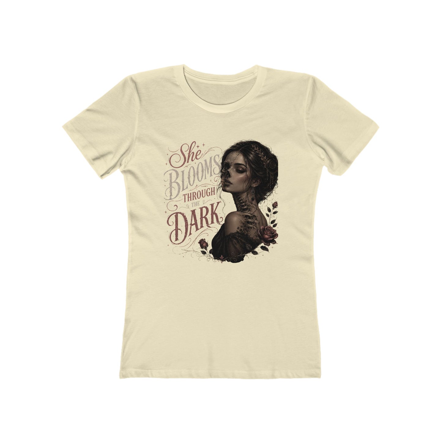 She Blooms Through the Dark Tee — Women's Graphic Boyfriend T-Shirt