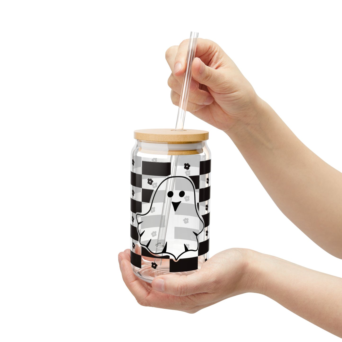 Ghost Checkerboard Sipper Glass — 16oz Cute Halloween Drink Jar