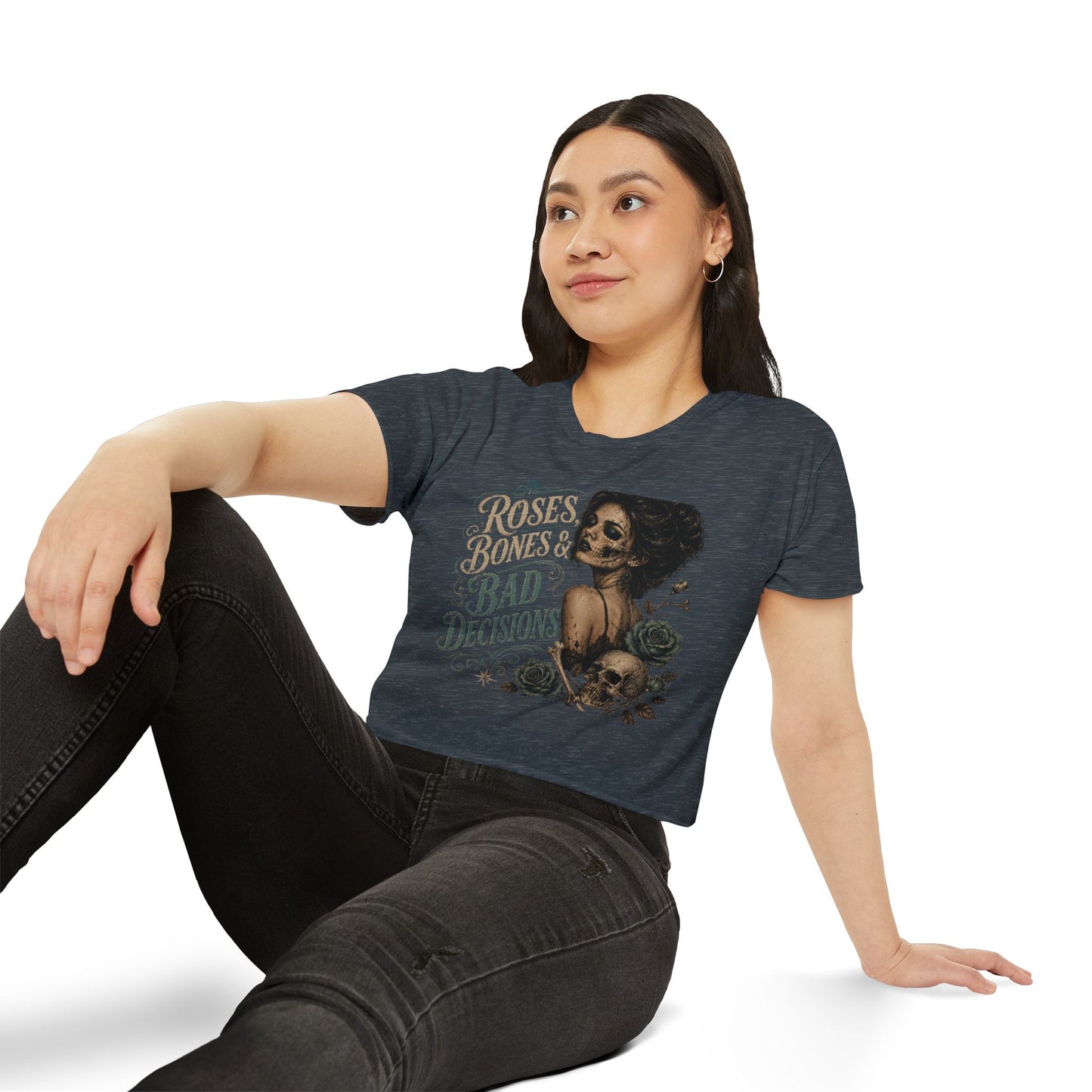 Roses Bones & Bad Decisions Crop Top — Gothic Skull Floral Festival Tee I