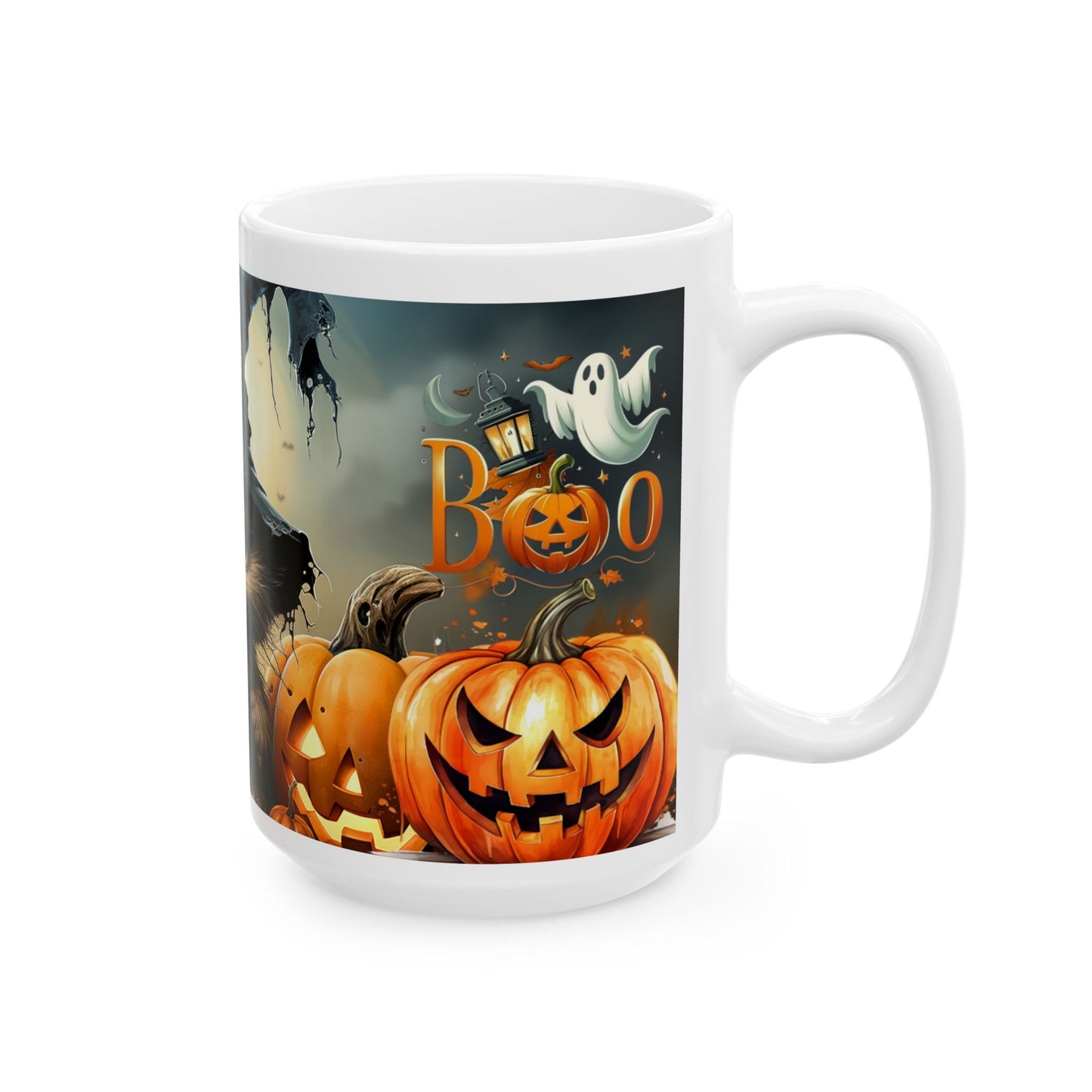 Halloween Cat Ceramic Mug — Witch Hat Kitty with Pumpkins (11oz/15oz)