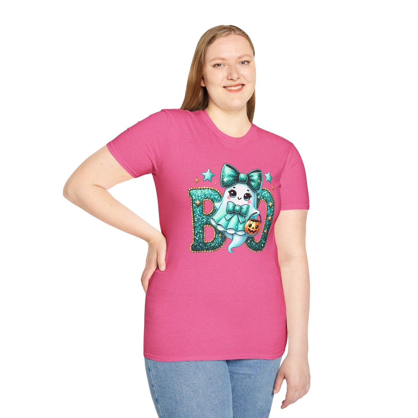 BOO Ghost T‑Shirt — Cute Teal Bow Halloween Tee