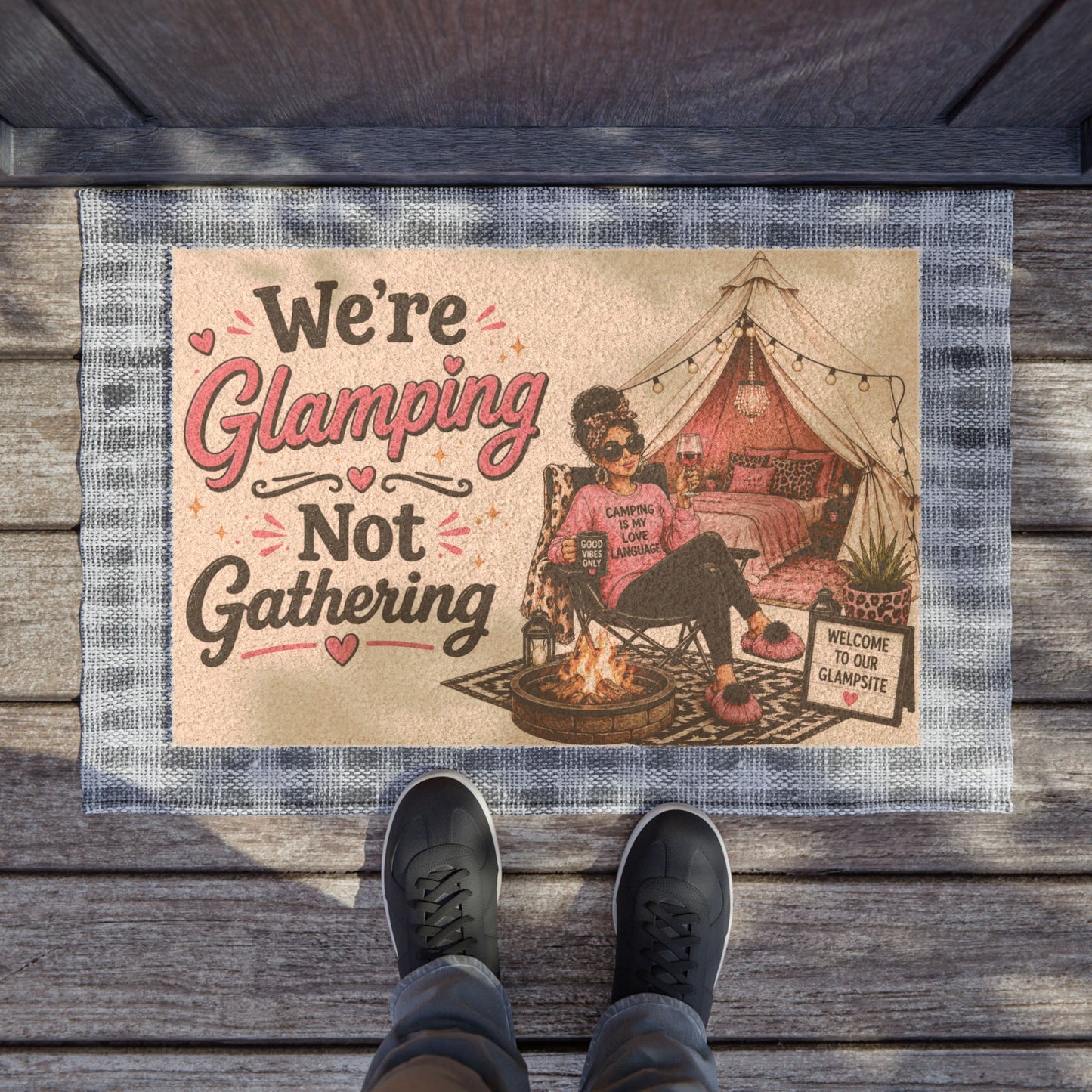 Glamping Doormat — "We're Glamping Not Gathering" Decorative Outdoor Welcome Mat