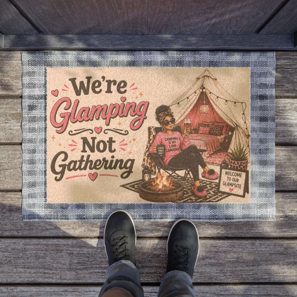 Glamping Doormat — "We're Glamping Not Gathering" Decorative Outdoor Welcome Mat
