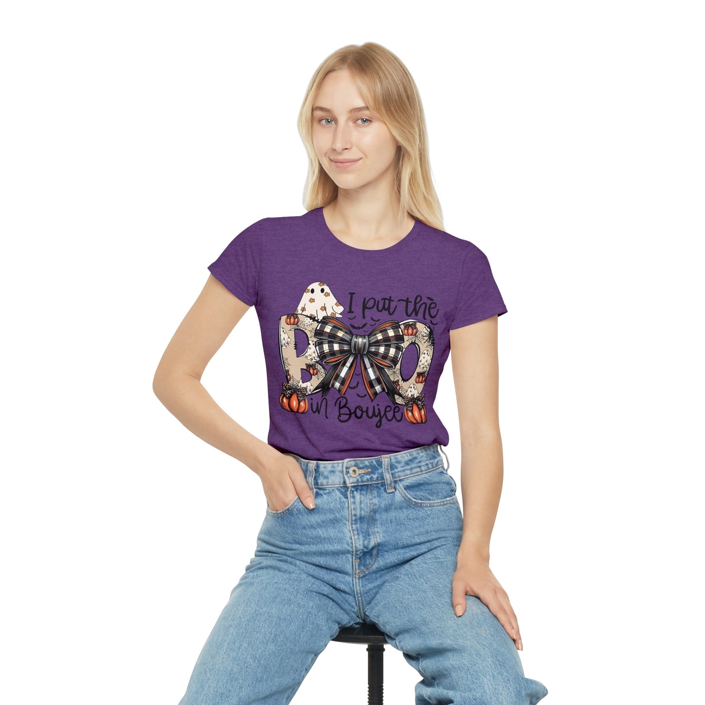 Women's Halloween "I Put the Boo in Boujee" T-Shirt — Plaid Bow Pumpkin Graphic