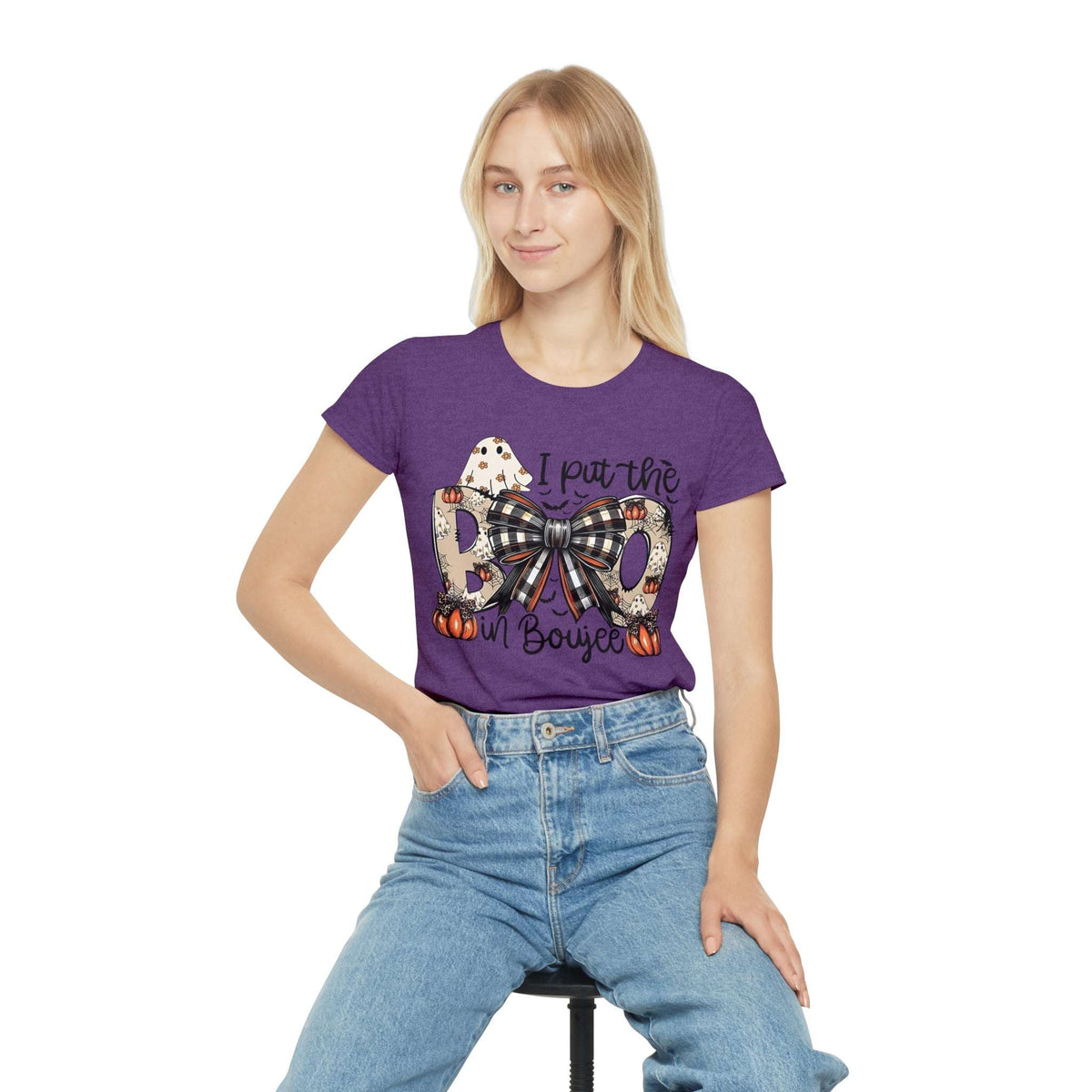 Women's Halloween "I Put the Boo in Boujee" T-Shirt — Plaid Bow Pumpkin Graphic