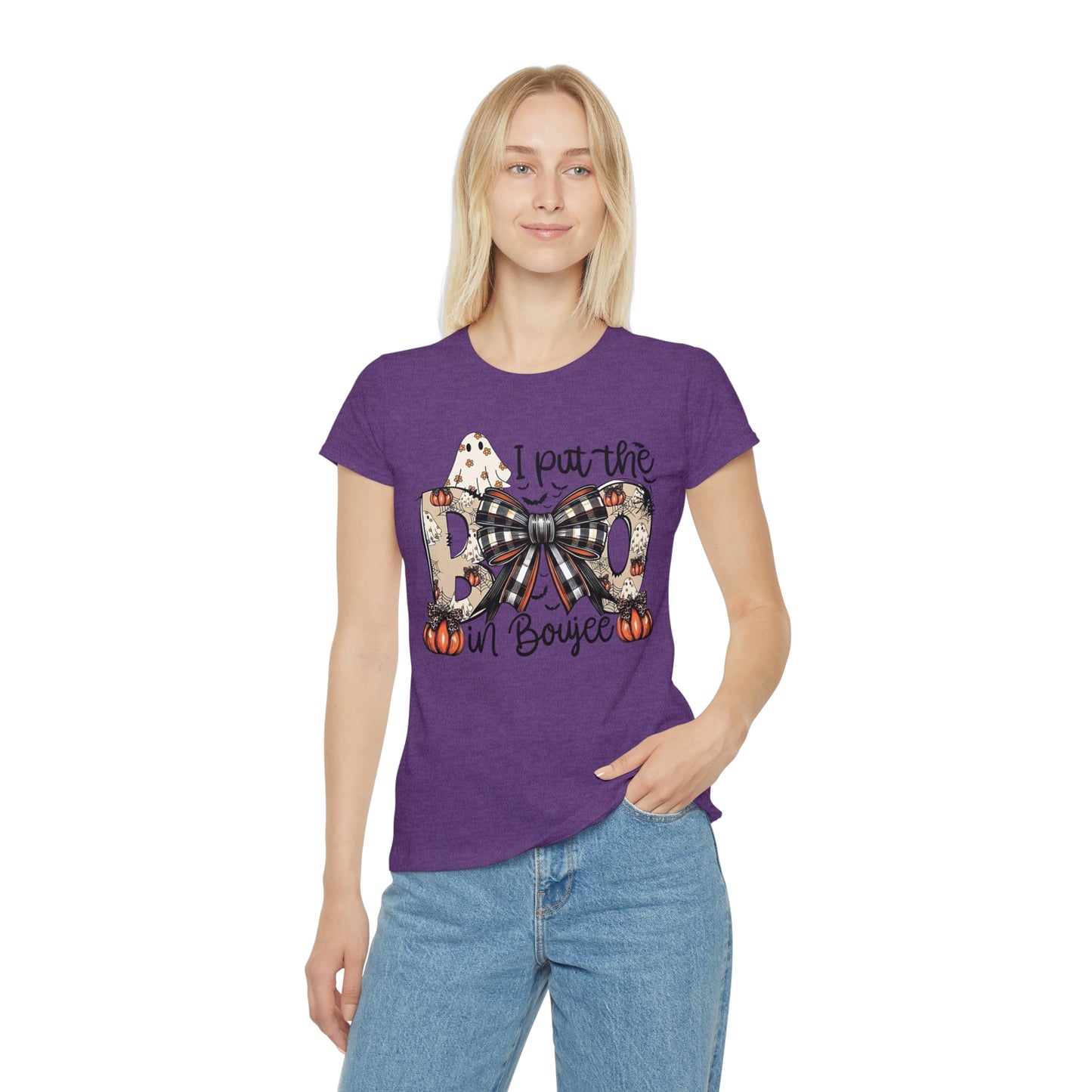 Women's Halloween "I Put the Boo in Boujee" T-Shirt — Plaid Bow Pumpkin Graphic