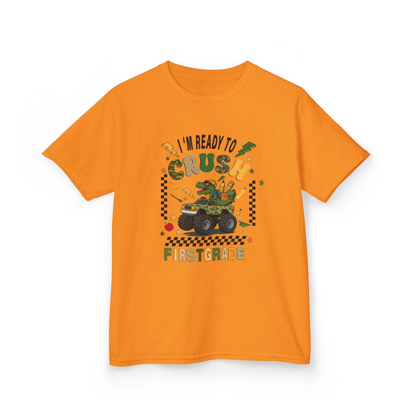 Kids Tee — “I’m Ready to Crush First Grade” Back-to-School Monster Truck Shirt