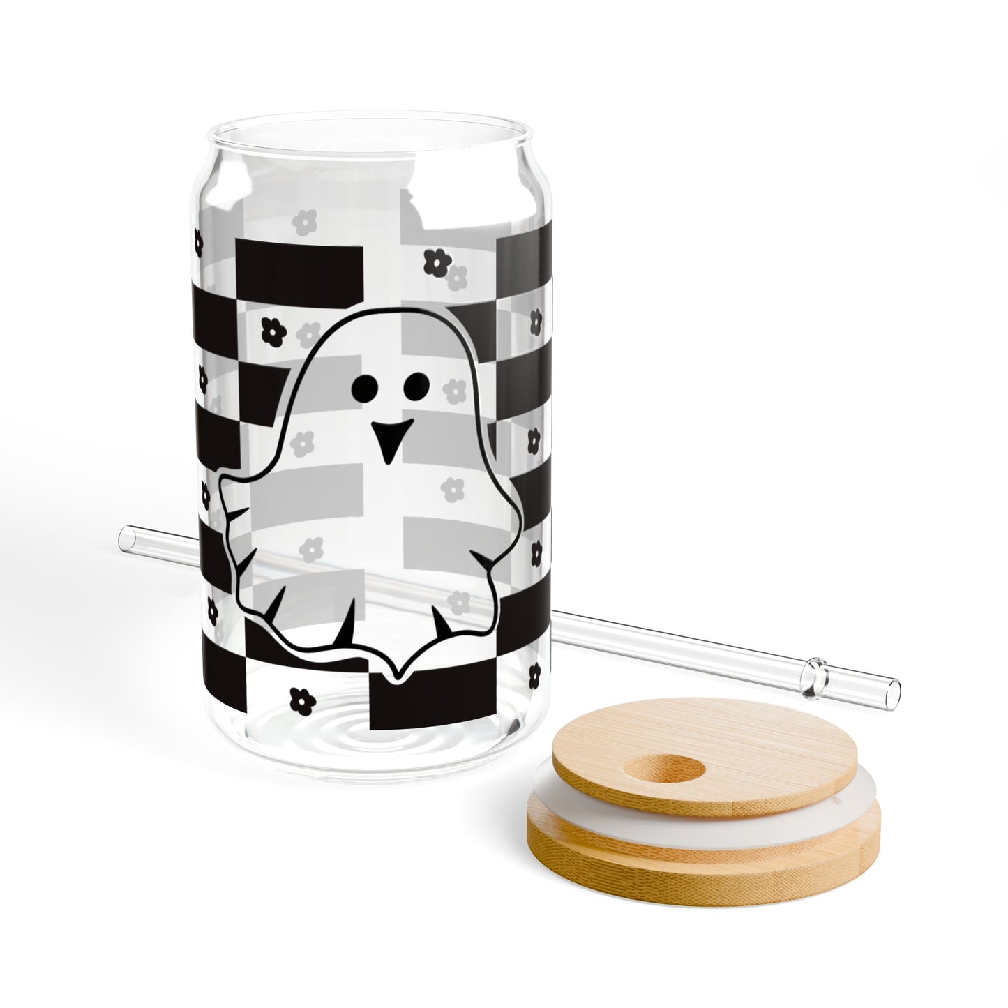 Ghost Checkerboard Sipper Glass — 16oz Cute Halloween Drink Jar