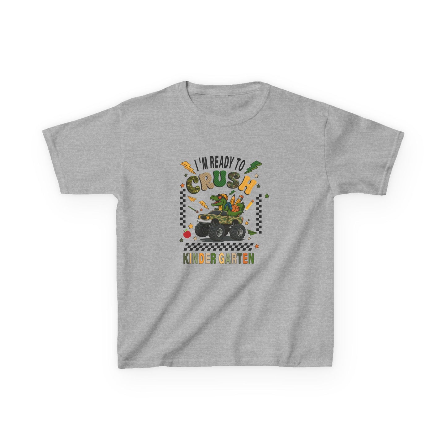 Kids T-Shirt — "I'm Ready to Crush Kindergarten" Dinosaur Monster Truck Back-to-School Tee