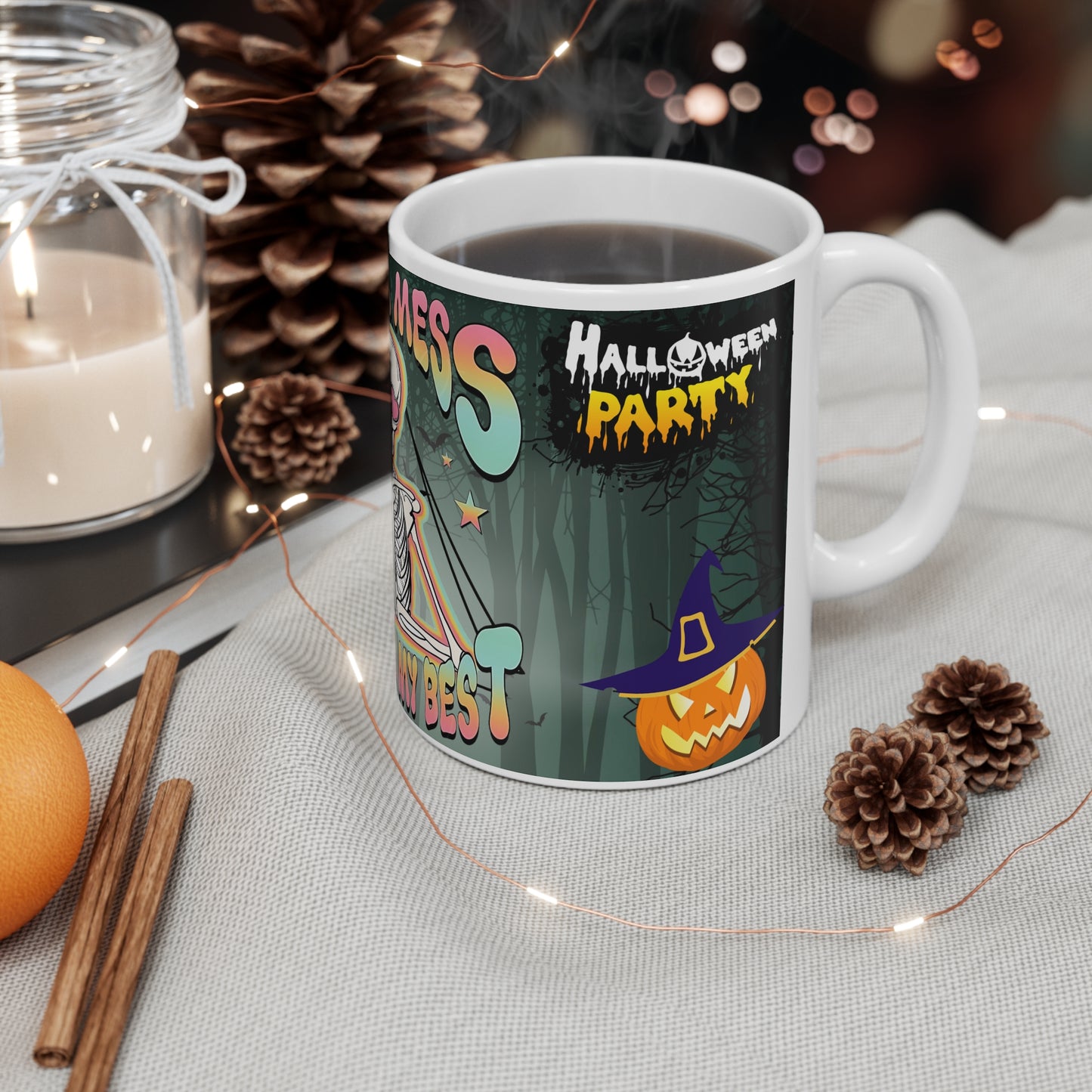 Bit of a Mess But Doin' My Best Ceramic Mug — Cute Skeleton & Ghost Halloween Coffee Cup