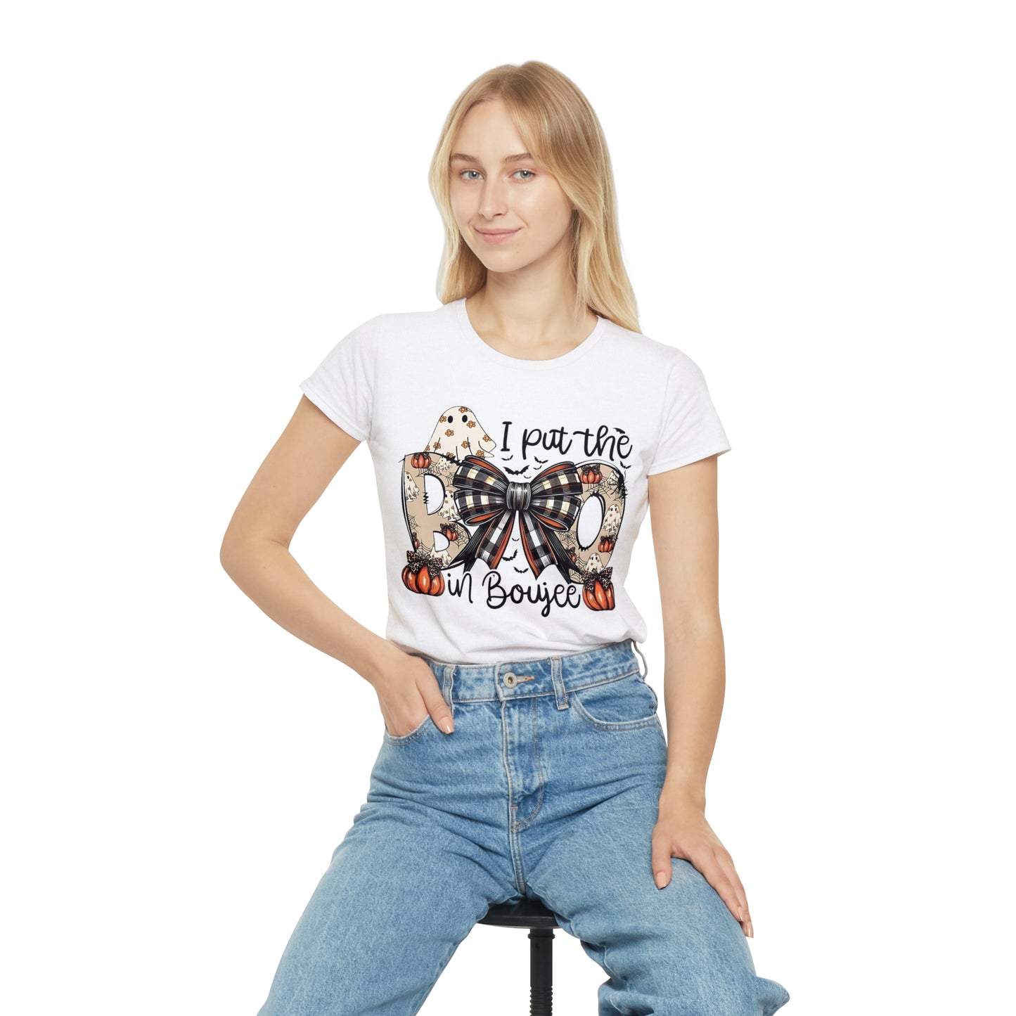 Women's Halloween "I Put the Boo in Boujee" T-Shirt — Plaid Bow Pumpkin Graphic