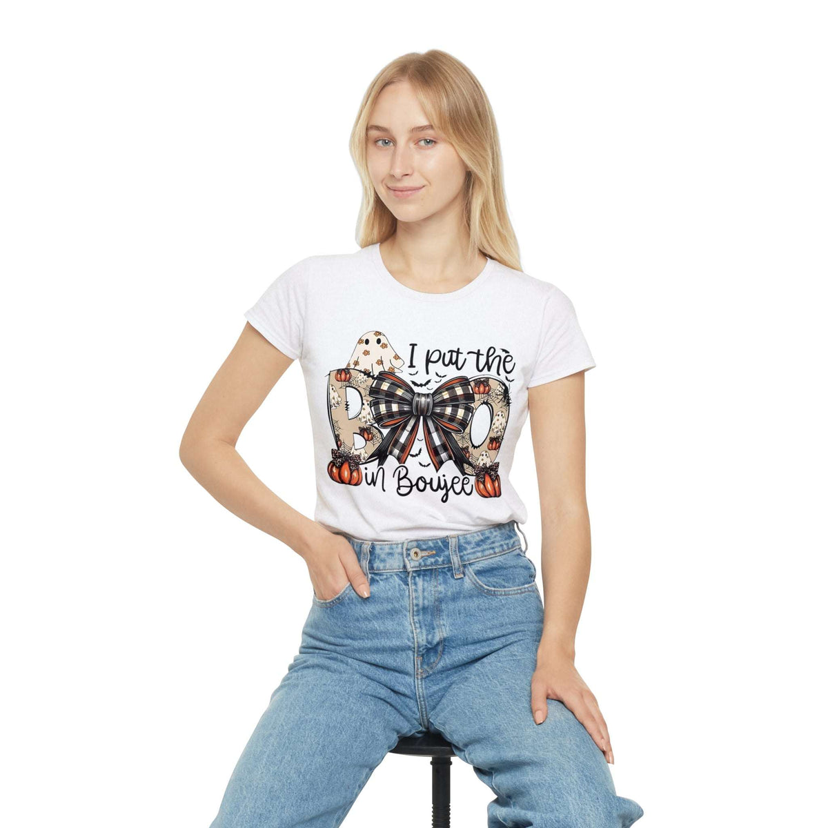 Women's Halloween "I Put the Boo in Boujee" T-Shirt — Plaid Bow Pumpkin Graphic