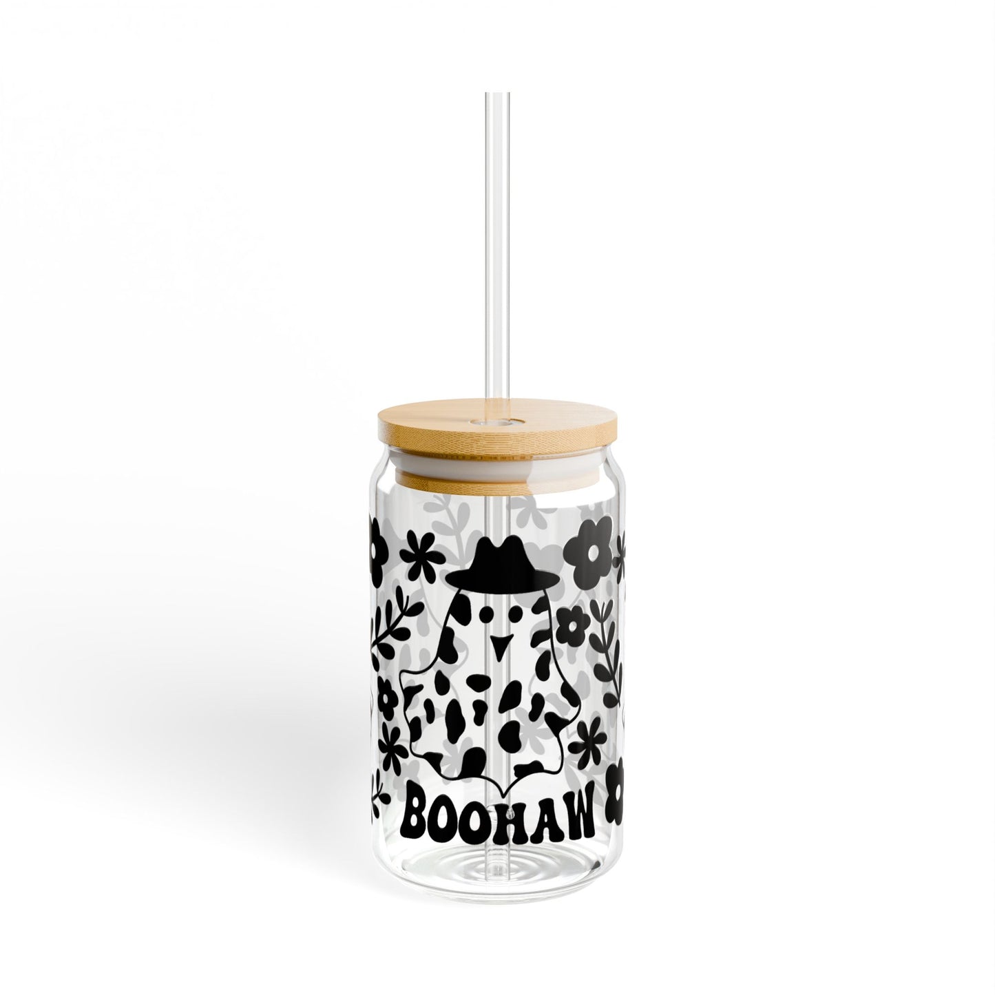 Boohaw Cow Skull 16oz Glass Sipper — Halloween Western Floral