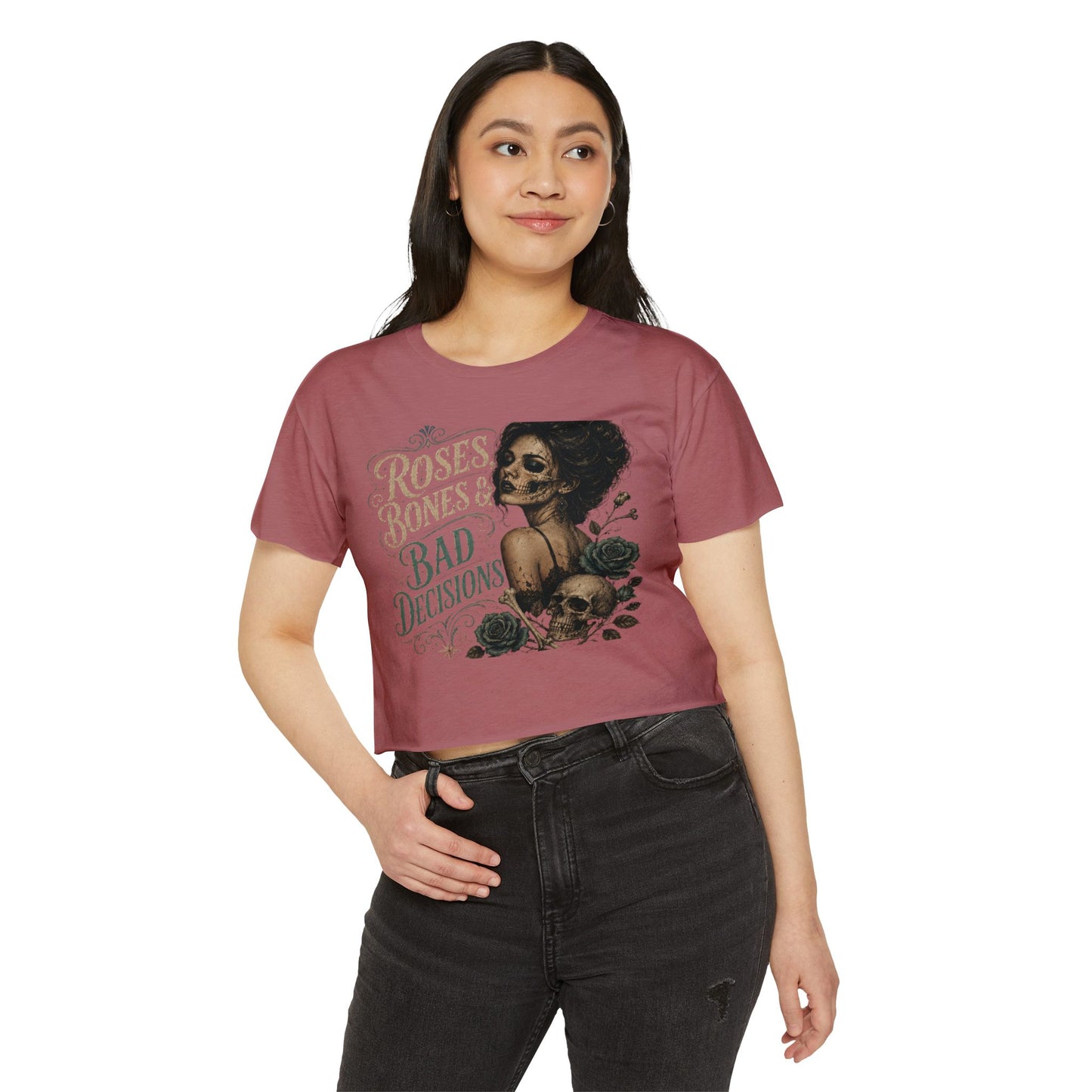 Roses Bones & Bad Decisions Crop Top — Gothic Skull Floral Festival Tee I