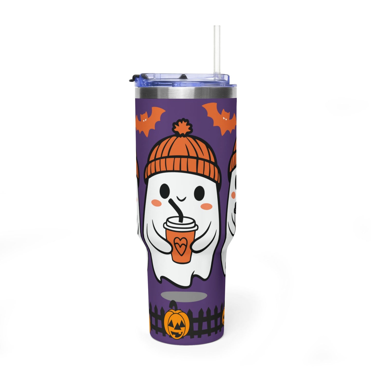 40oz Halloween Ghost Tumbler – Cute Ghosts with Pumpkin & Bat Thermal Cup