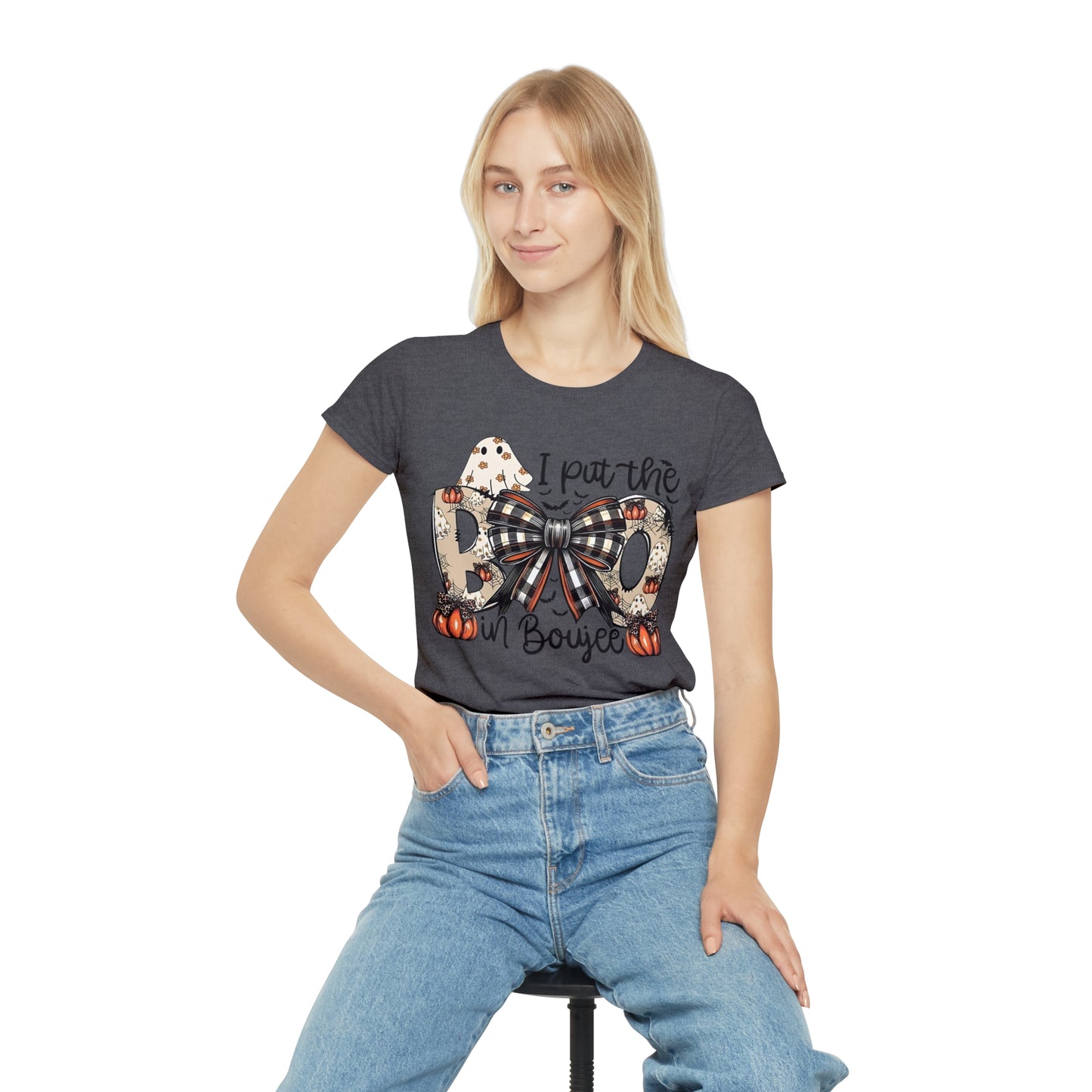 Women's Halloween "I Put the Boo in Boujee" T-Shirt — Plaid Bow Pumpkin Graphic