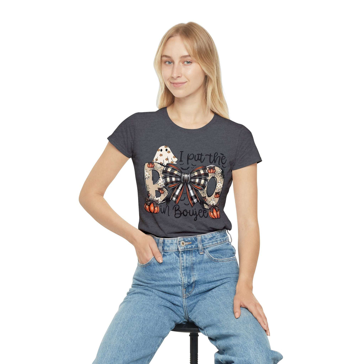 Women's Halloween "I Put the Boo in Boujee" T-Shirt — Plaid Bow Pumpkin Graphic