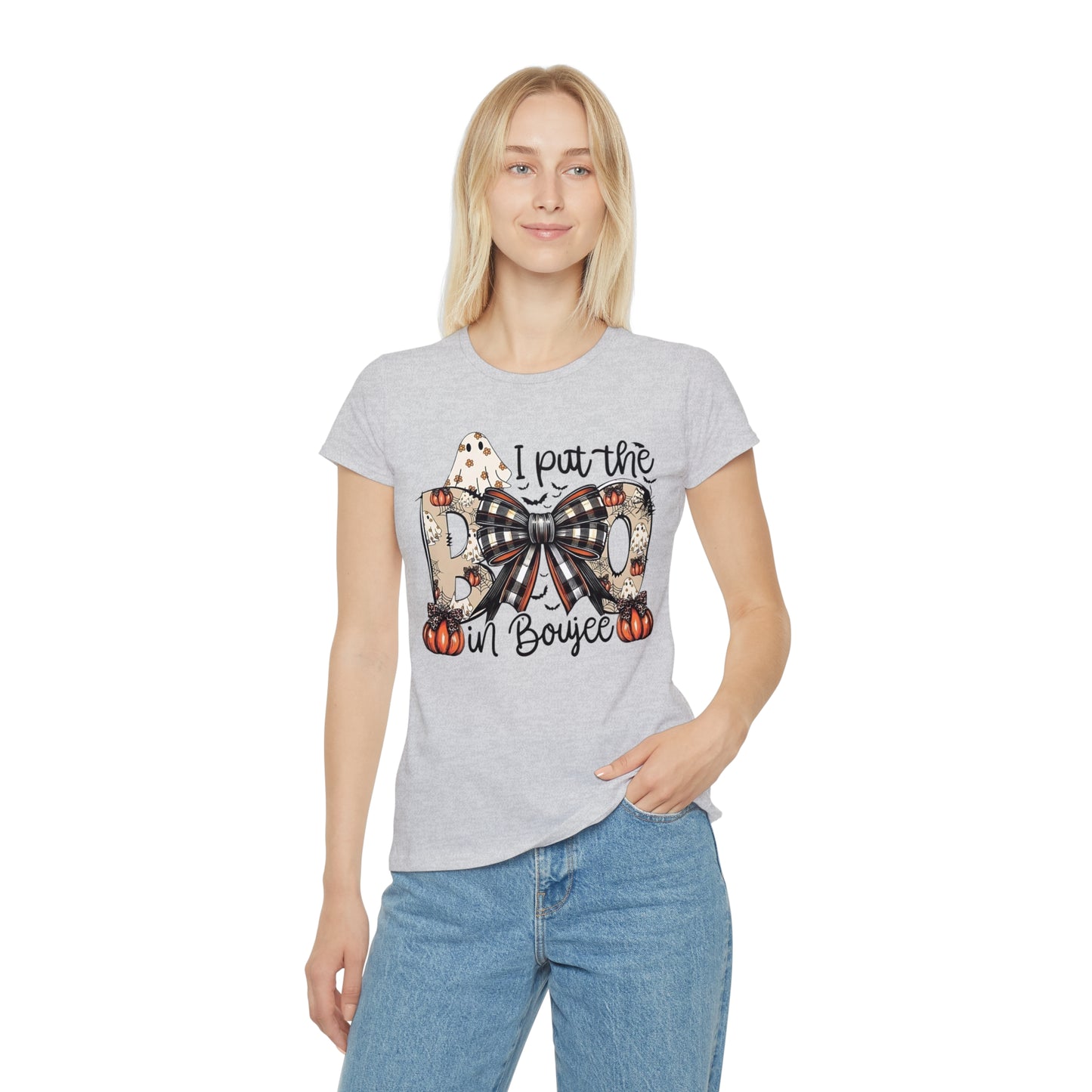 Women's Halloween "I Put the Boo in Boujee" T-Shirt — Plaid Bow Pumpkin Graphic