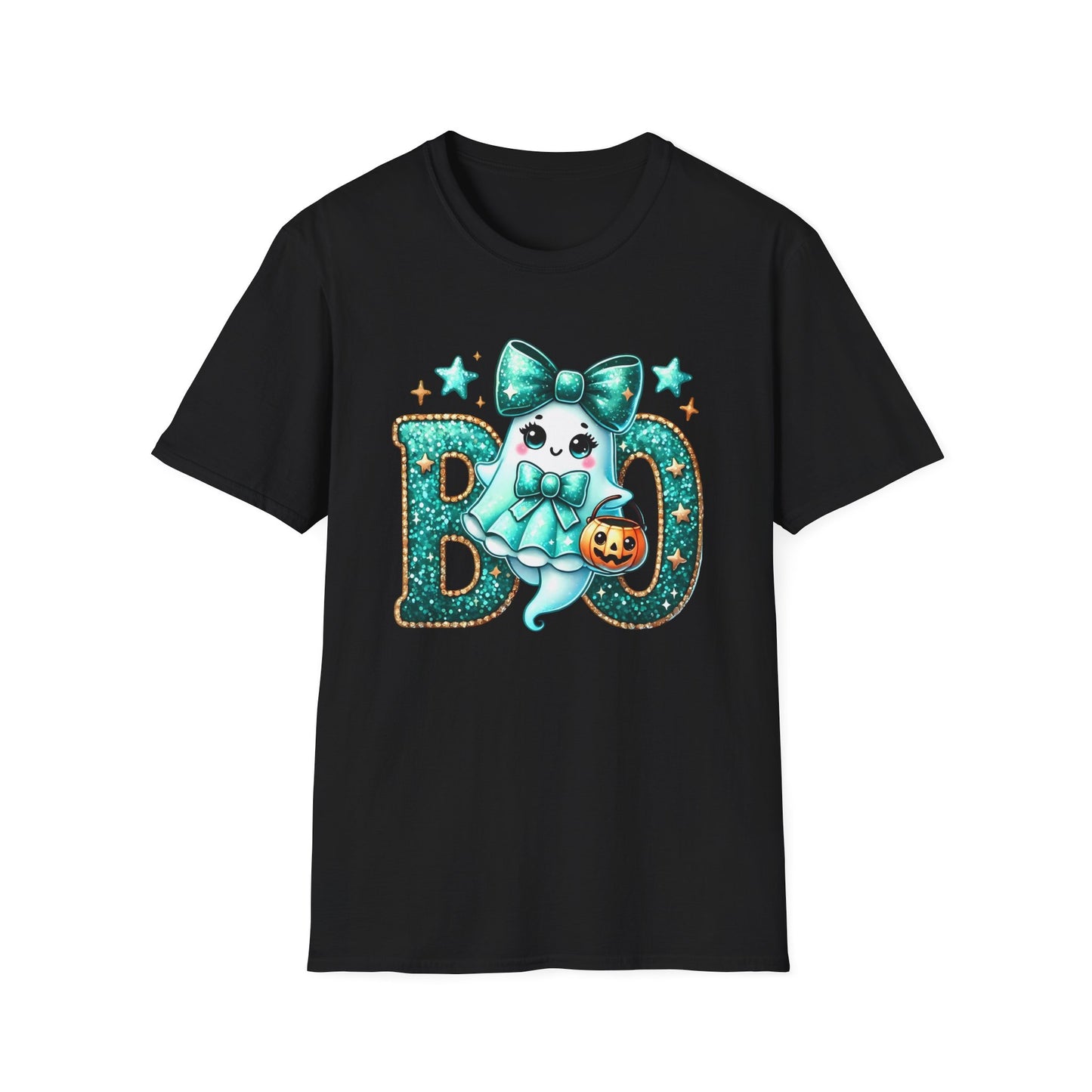 BOO Ghost T‑Shirt — Cute Teal Bow Halloween Tee