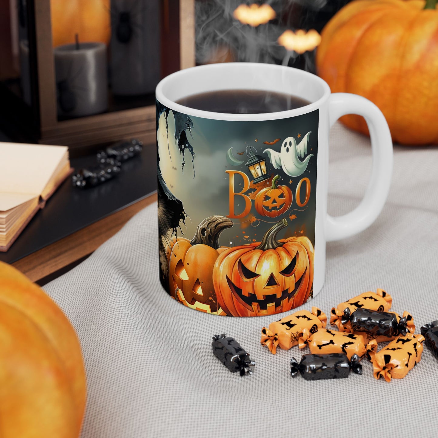 Halloween Cat Ceramic Mug — Witch Hat Kitty with Pumpkins (11oz/15oz)