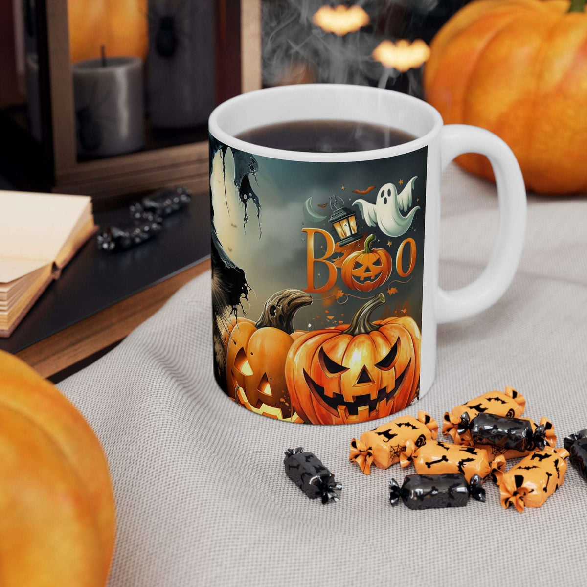 Halloween Cat Ceramic Mug — Witch Hat Kitty with Pumpkins (11oz/15oz)