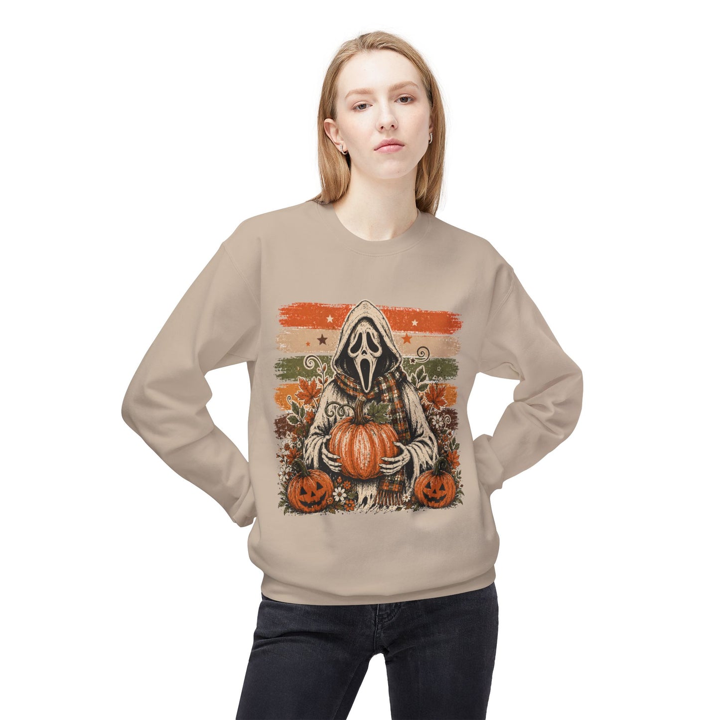 Halloween Scream Mask Crewneck Sweatshirt — Pumpkin & Jack-O'-Lantern Fall Graphic