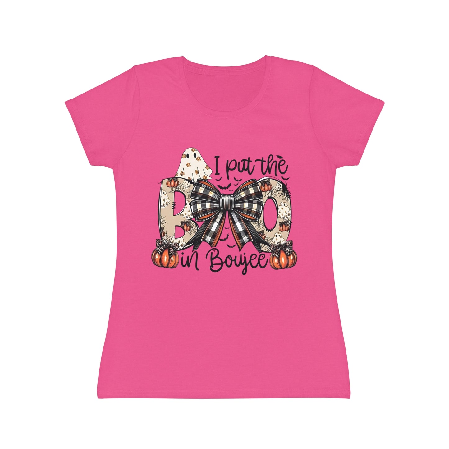 Women's Halloween "I Put the Boo in Boujee" T-Shirt — Plaid Bow Pumpkin Graphic