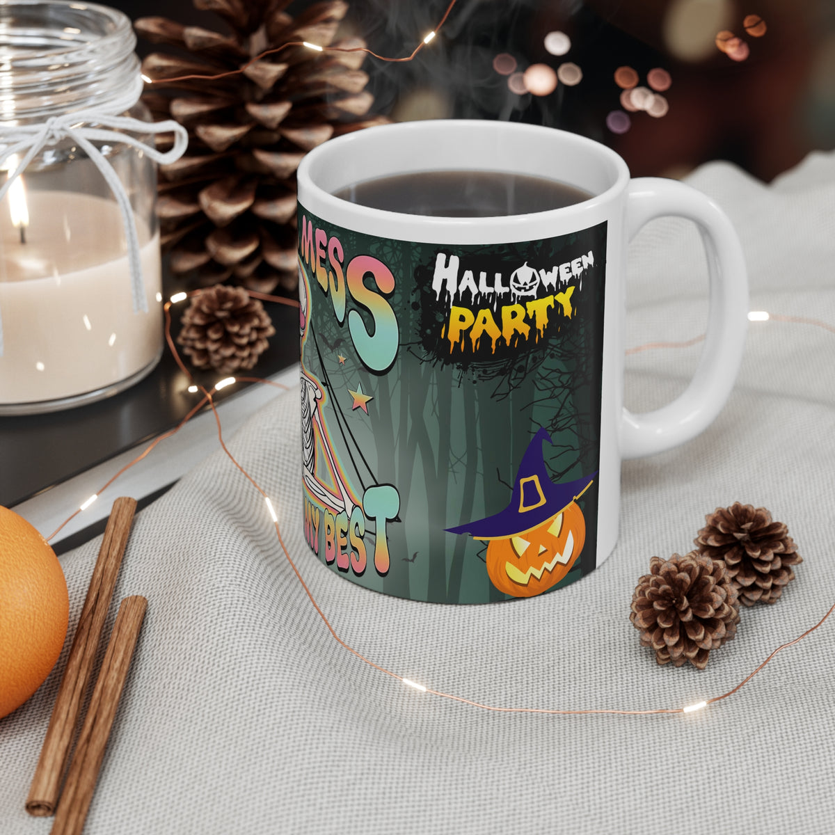 Bit of a Mess But Doin' My Best Ceramic Mug — Cute Skeleton & Ghost Halloween Coffee Cup