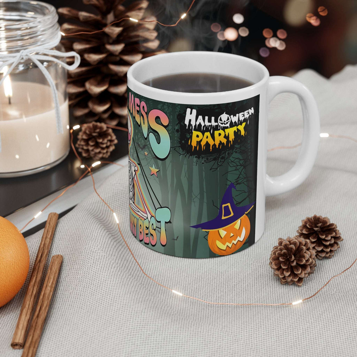Bit of a Mess But Doin' My Best Ceramic Mug — Cute Skeleton & Ghost Halloween Coffee Cup