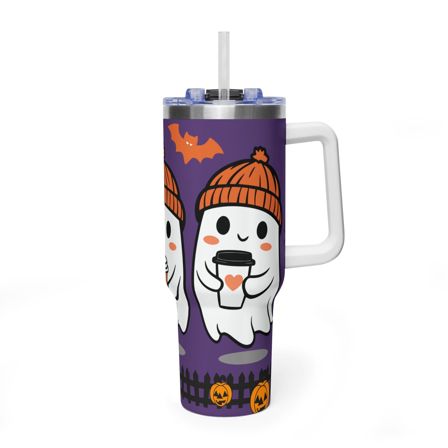 40oz Halloween Ghost Tumbler – Cute Ghosts with Pumpkin & Bat Thermal Cup