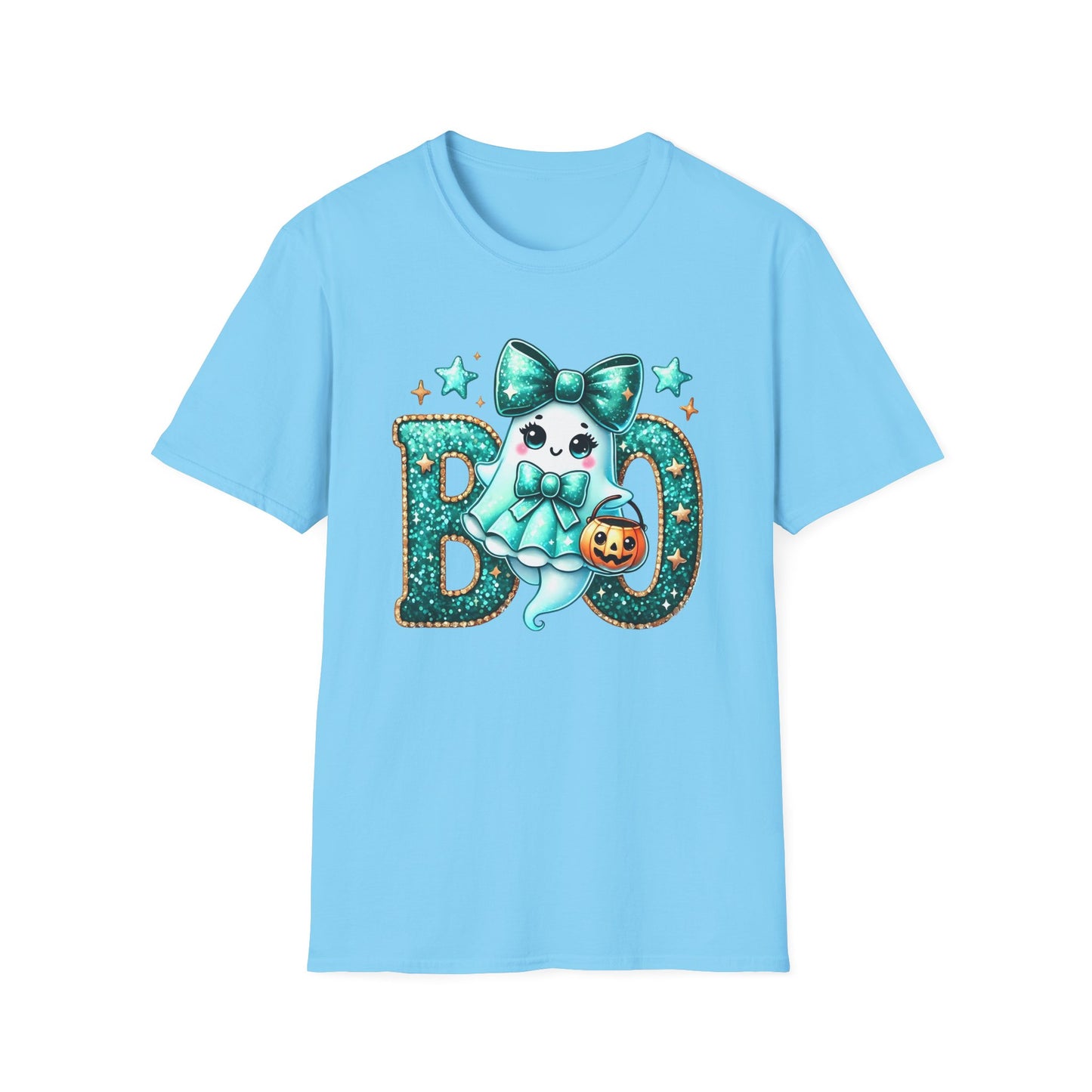 BOO Ghost T‑Shirt — Cute Teal Bow Halloween Tee