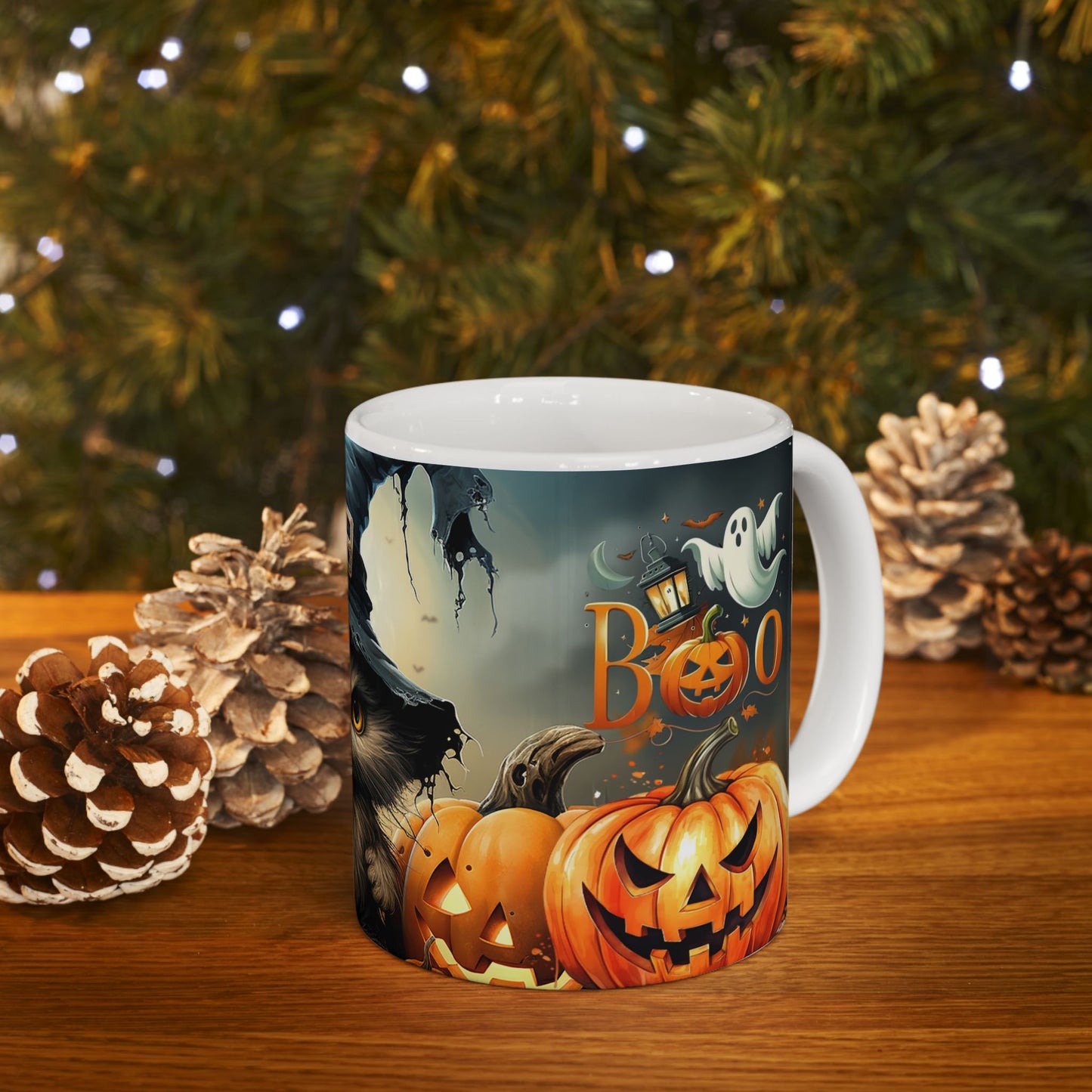 Halloween Cat Ceramic Mug — Witch Hat Kitty with Pumpkins (11oz/15oz)