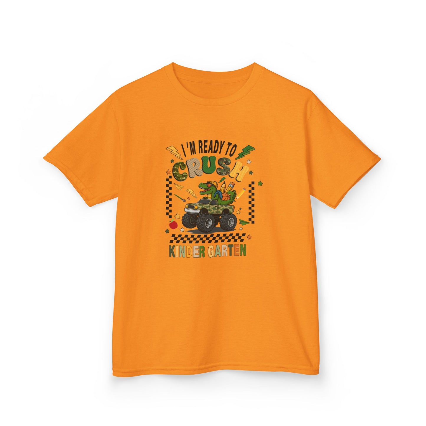 Kids T-Shirt — "I'm Ready to Crush Kindergarten" Dinosaur Monster Truck Back-to-School Tee