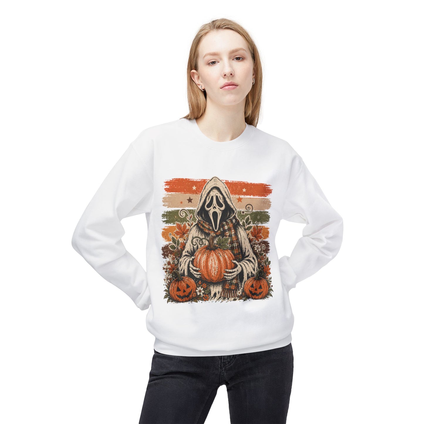 Halloween Scream Mask Crewneck Sweatshirt — Pumpkin & Jack-O'-Lantern Fall Graphic