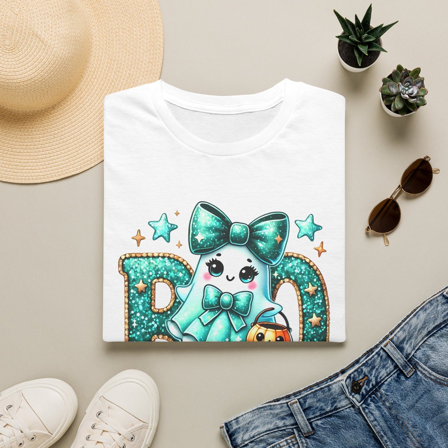 BOO Ghost T‑Shirt — Cute Teal Bow Halloween Tee