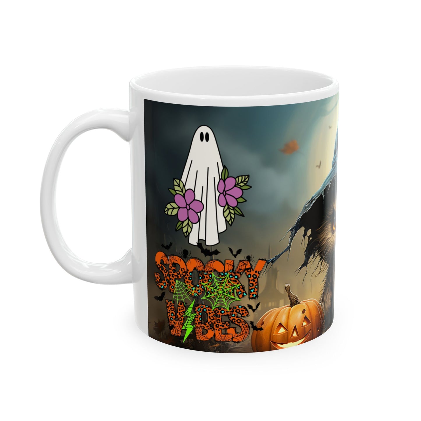 Halloween Cat Ceramic Mug — Witch Hat Kitty with Pumpkins (11oz/15oz)