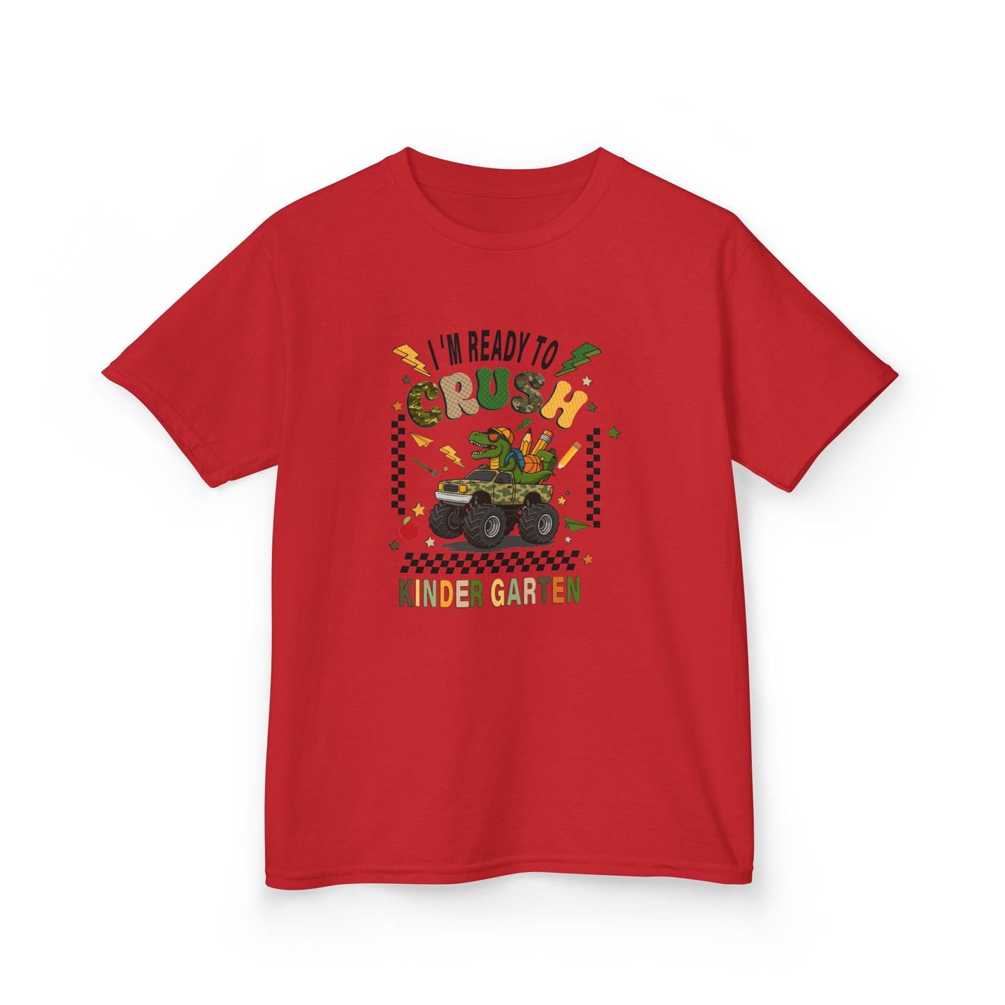 Kids T-Shirt — "I'm Ready to Crush Kindergarten" Dinosaur Monster Truck Back-to-School Tee