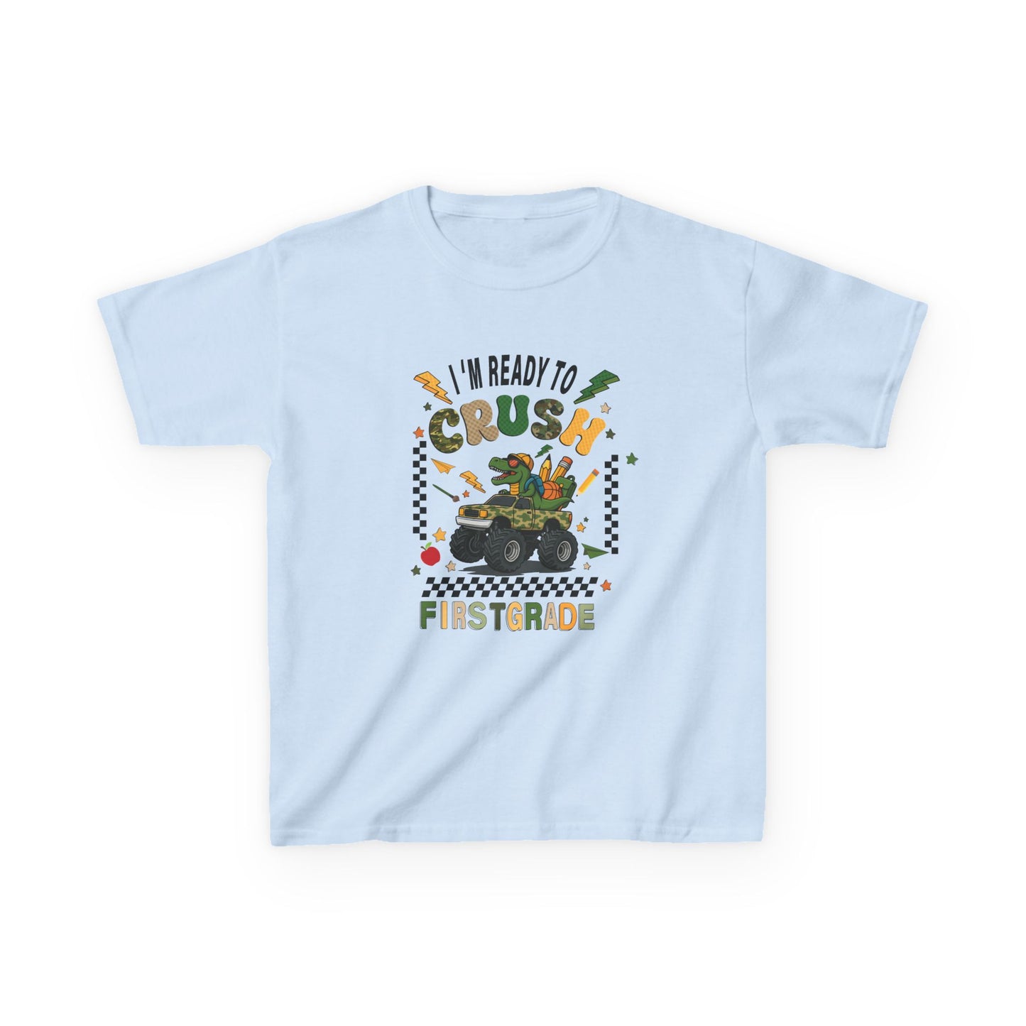 Kids Tee — “I’m Ready to Crush First Grade” Back-to-School Monster Truck Shirt