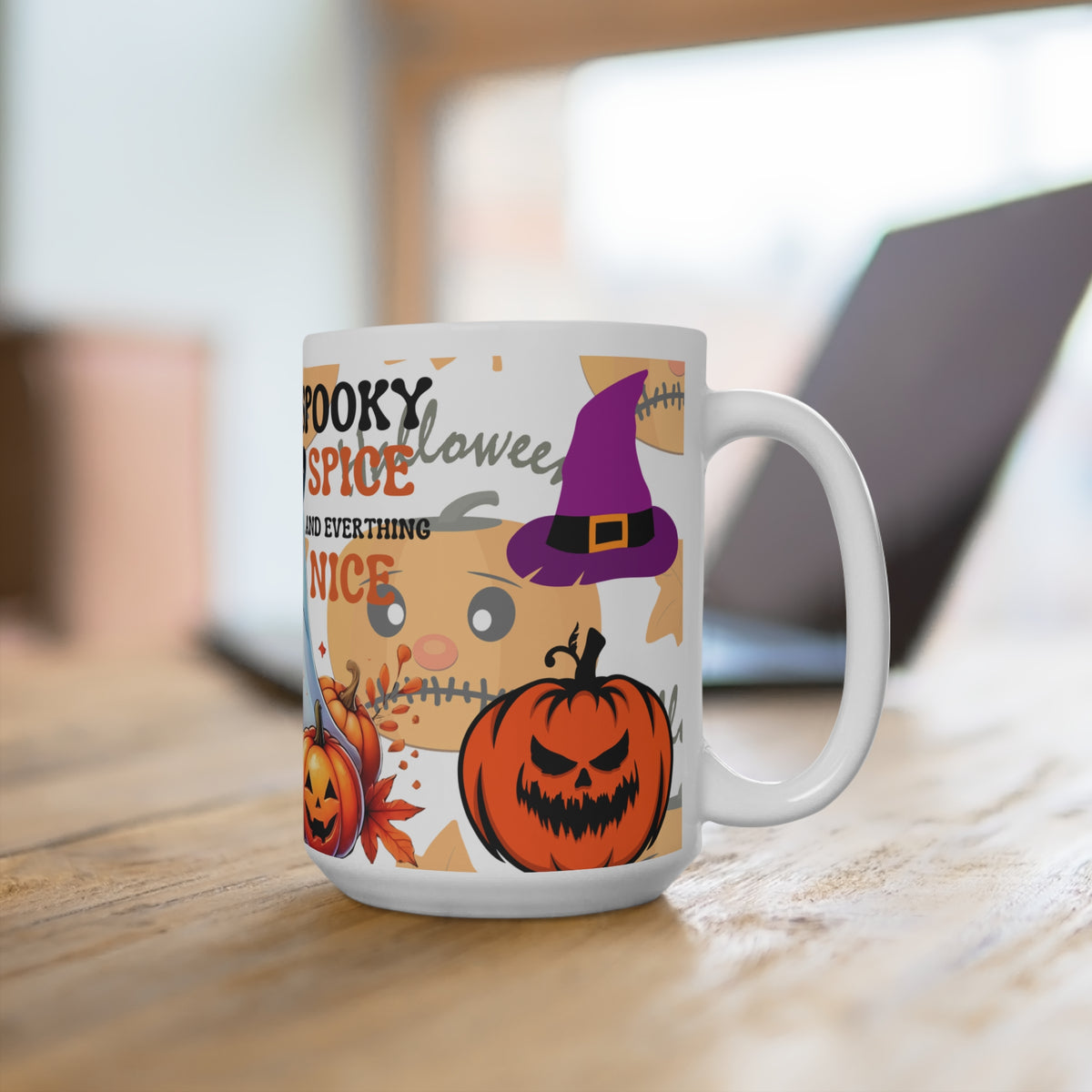 "Spooky Spice and Everything Nice" 15oz Halloween Ghost Mug — Pumpkin Latte Coffee Cup