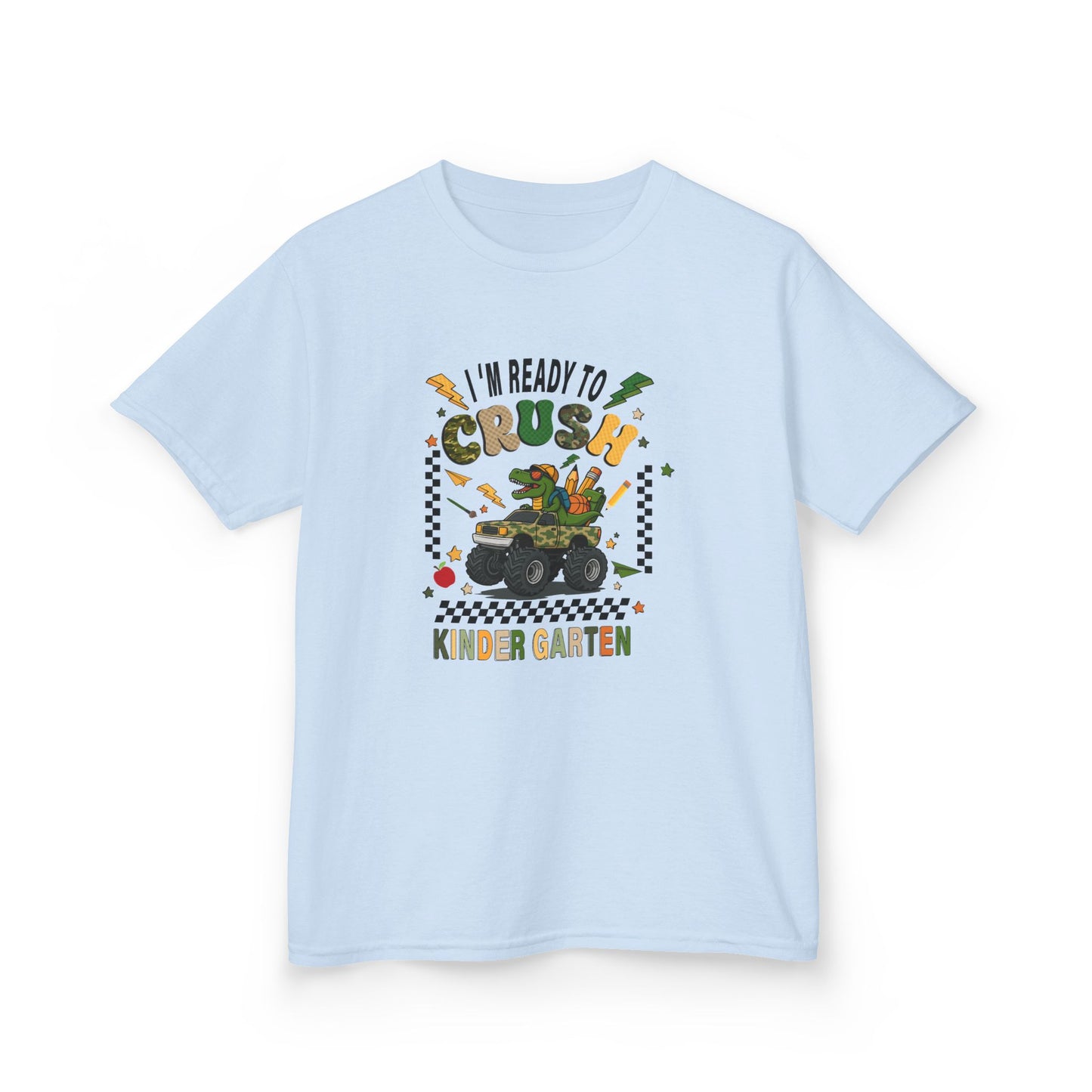 Kids T-Shirt — "I'm Ready to Crush Kindergarten" Dinosaur Monster Truck Back-to-School Tee
