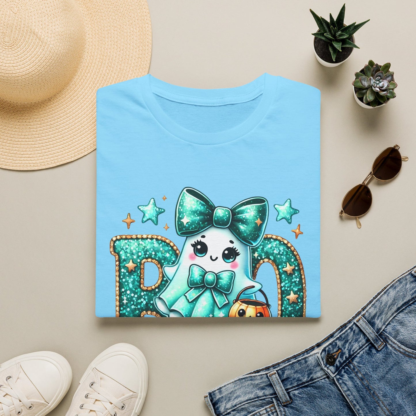 BOO Ghost T‑Shirt — Cute Teal Bow Halloween Tee