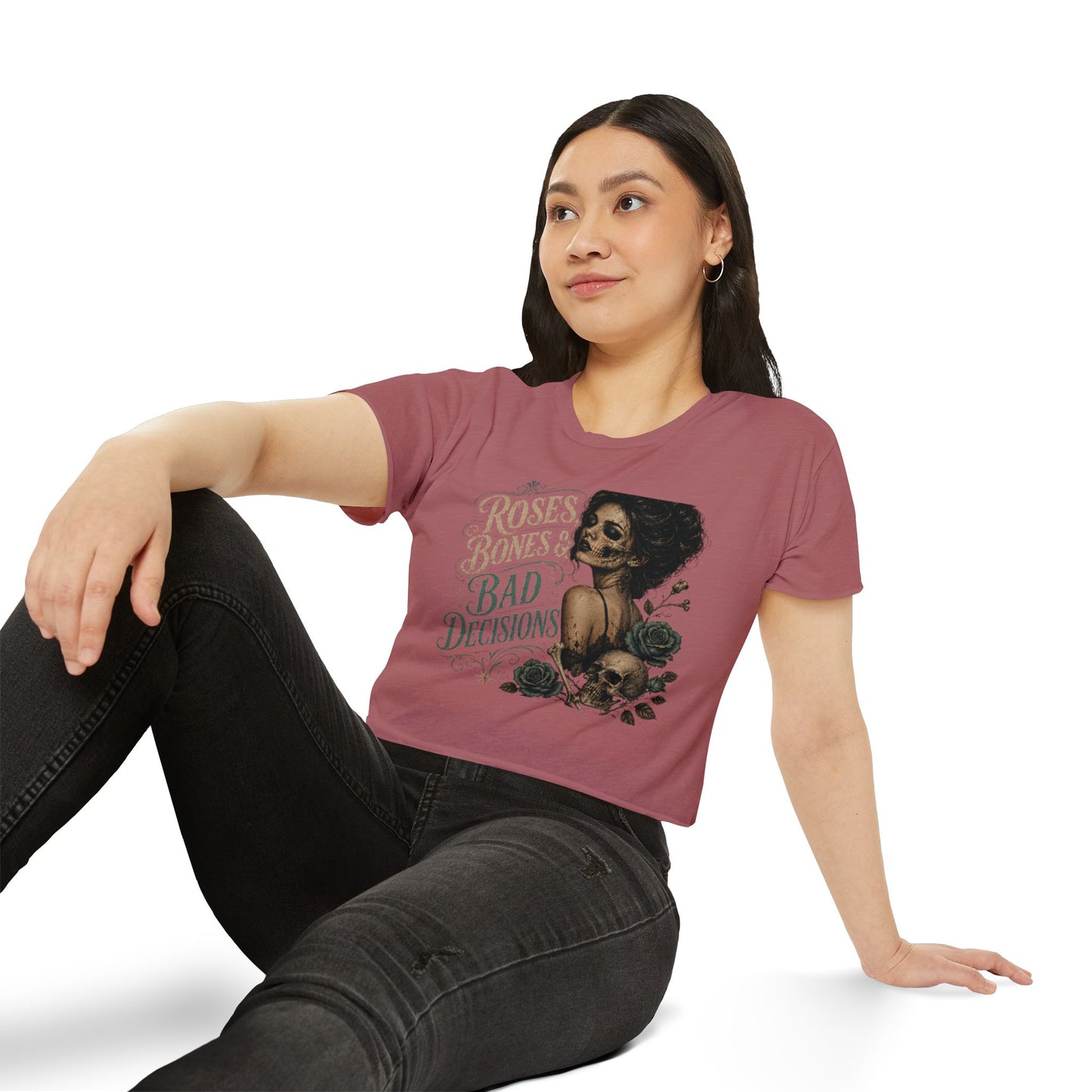 Roses Bones & Bad Decisions Crop Top — Gothic Skull Floral Festival Tee I