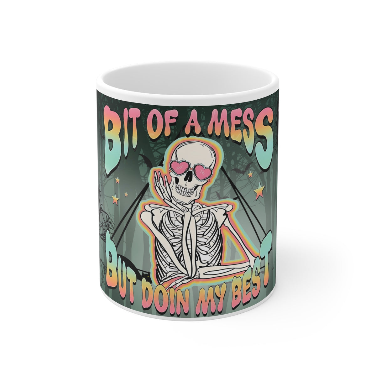 Bit of a Mess But Doin' My Best Ceramic Mug — Cute Skeleton & Ghost Halloween Coffee Cup