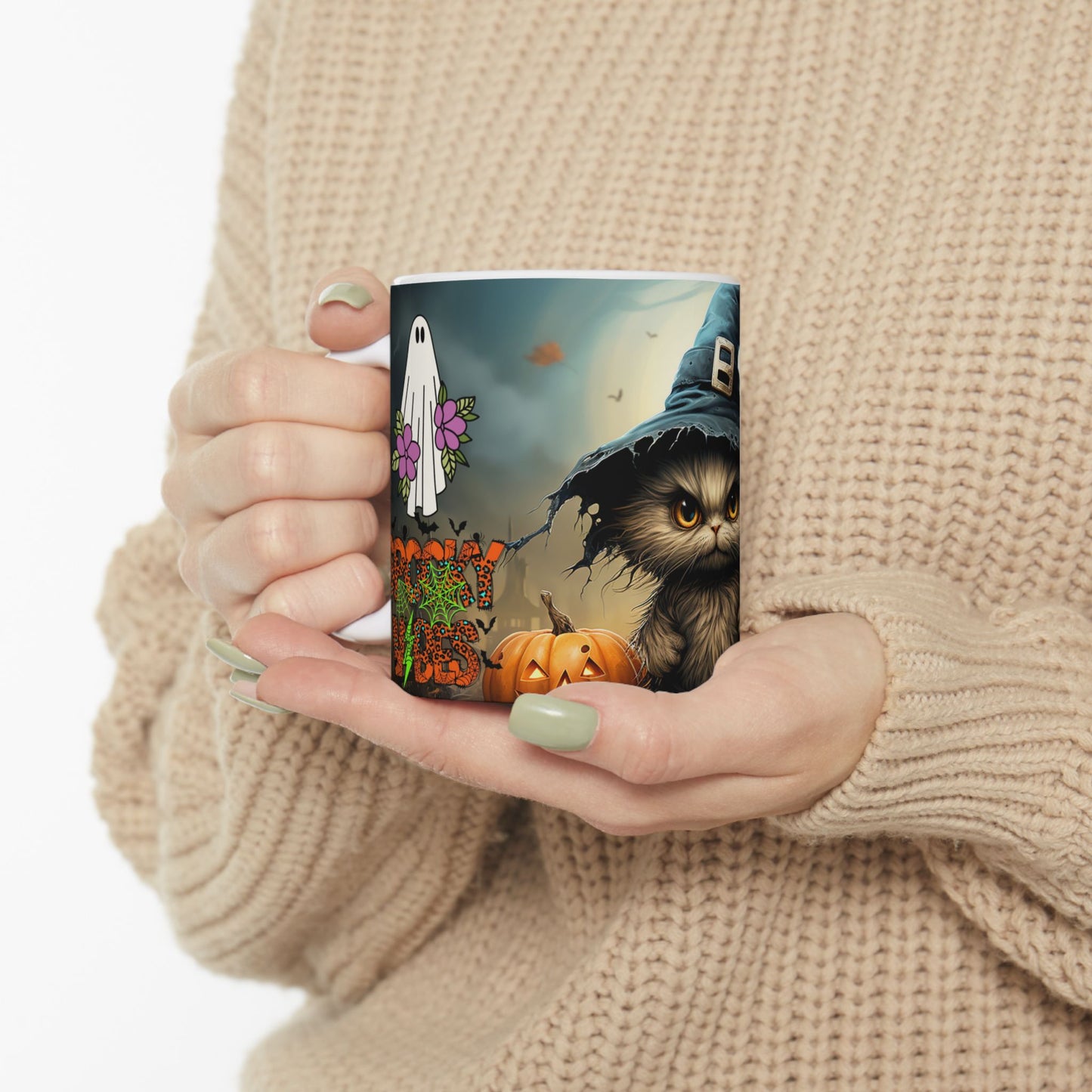 Halloween Cat Ceramic Mug — Witch Hat Kitty with Pumpkins (11oz/15oz)