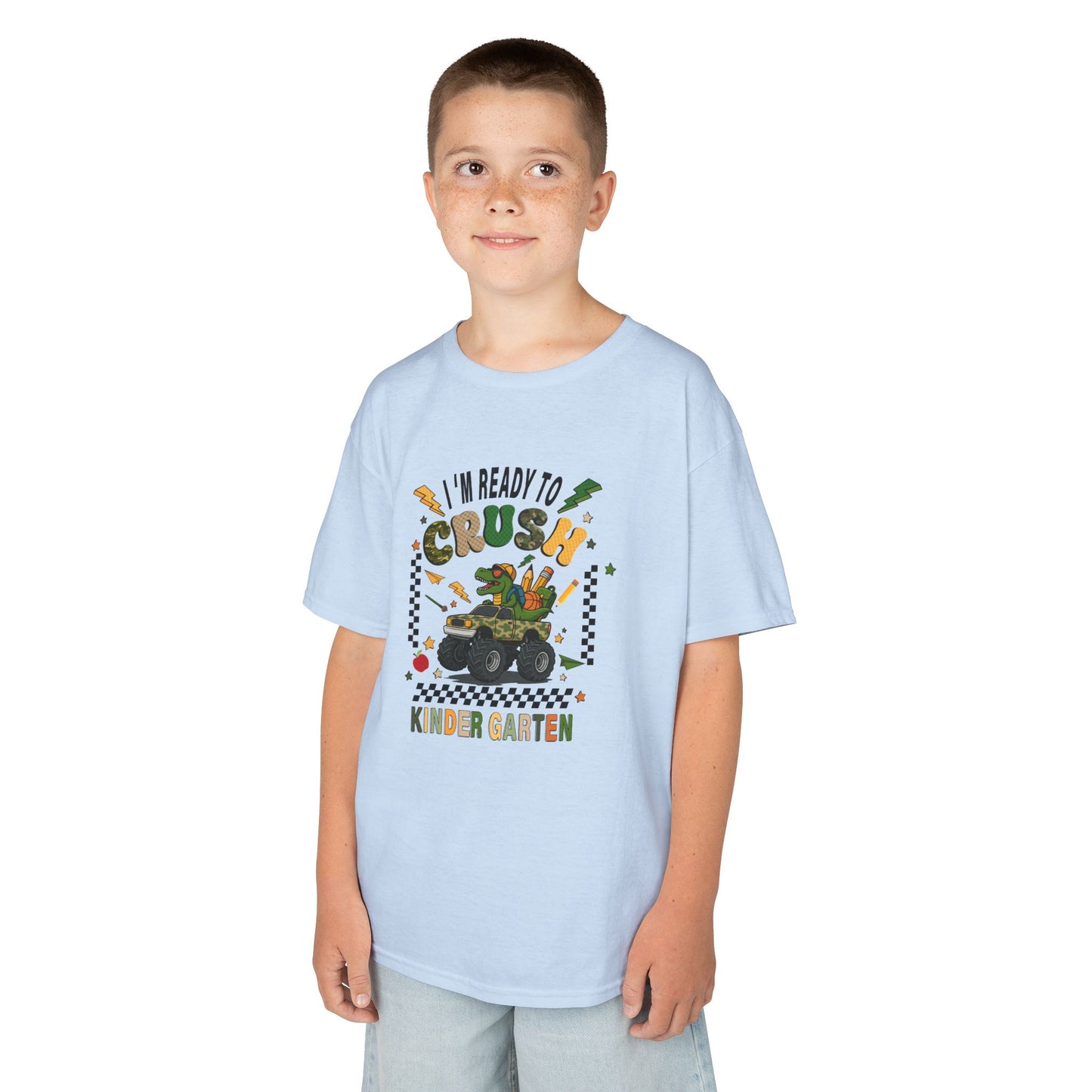 Kids T-Shirt — "I'm Ready to Crush Kindergarten" Dinosaur Monster Truck Back-to-School Tee