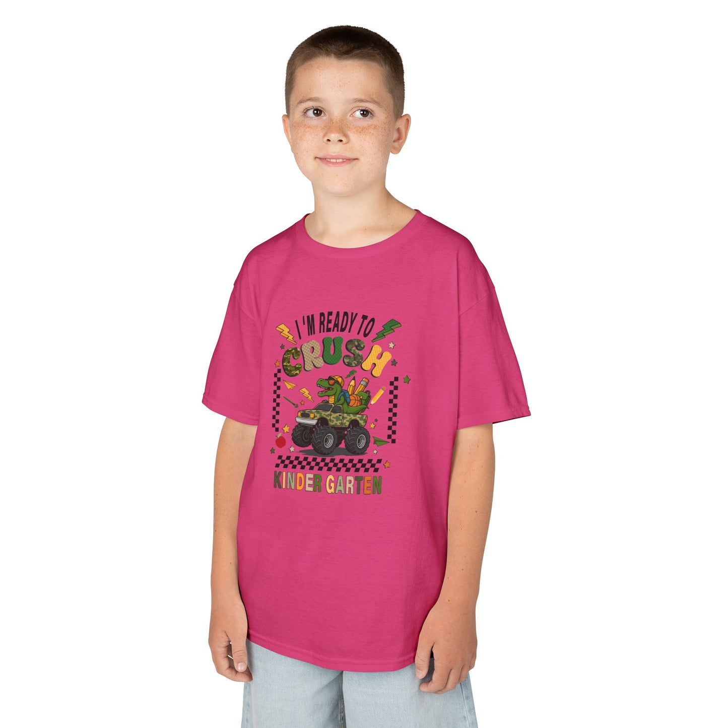 Kids T-Shirt — "I'm Ready to Crush Kindergarten" Dinosaur Monster Truck Back-to-School Tee
